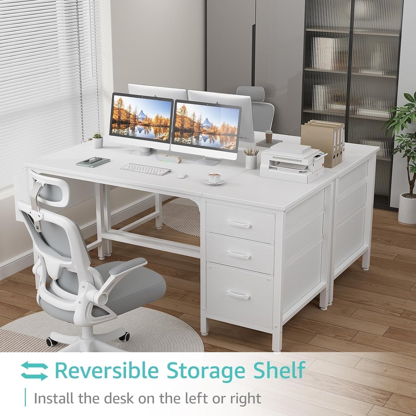 Lufeiya White Computer Desk with Fabric File Drawers Cabinet, 55 Inch Reversible Desks with Storage Filing Cabinet for Home Office, Modern Writing Table PC Desks for Bedroom, White