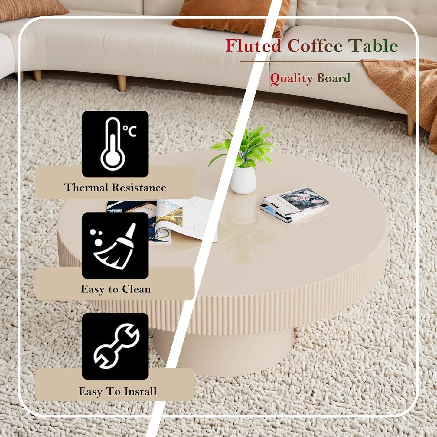 Round Fluted Coffee Table with Sturdy Pedestal (Lvory White Thin 30.71in) | Rustic Circular Pedestal Center Table with Round Thin Tabletop, for Living Room Reception Room Study Farmhouse