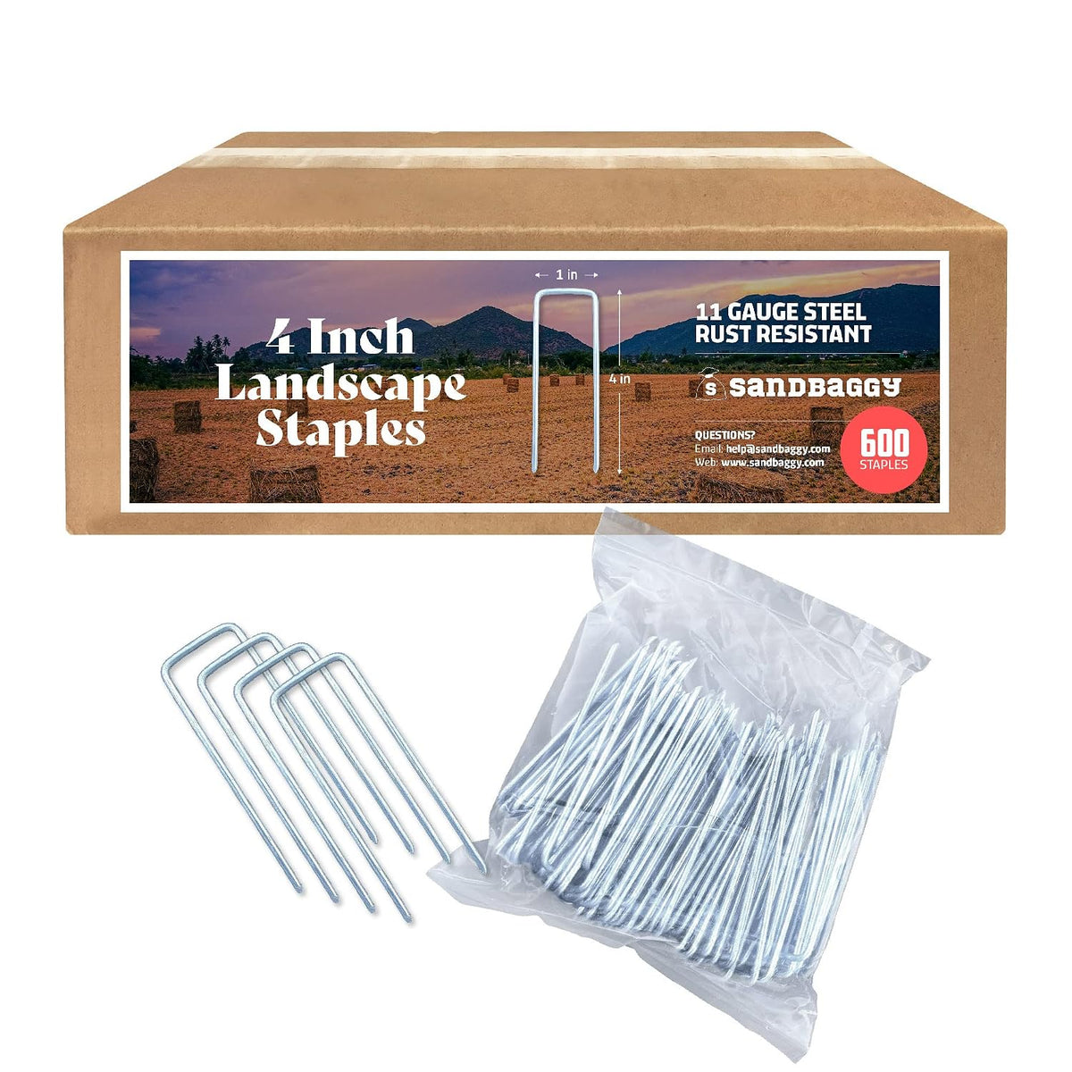 Sandbaggy 4 Inch Landscape Sod Staples | Great for Hard & Rocky Soil | Sharp Like a Knife | Tough 11 Gauge Rust-Resistant | Trusted by Farmers & Contractors Across USA (600 Staples)