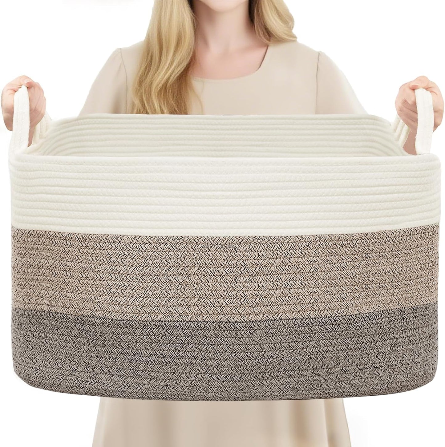 YOUDENOVA Large Blanket Basket, Rectangle Cotton Rope Storage Baske | 21.6''×14.9''×11.8'' Nursery Laundry Hamper for Storage Clothes Organizing, Woven Basket, Dirty Clothes Organizer Bins