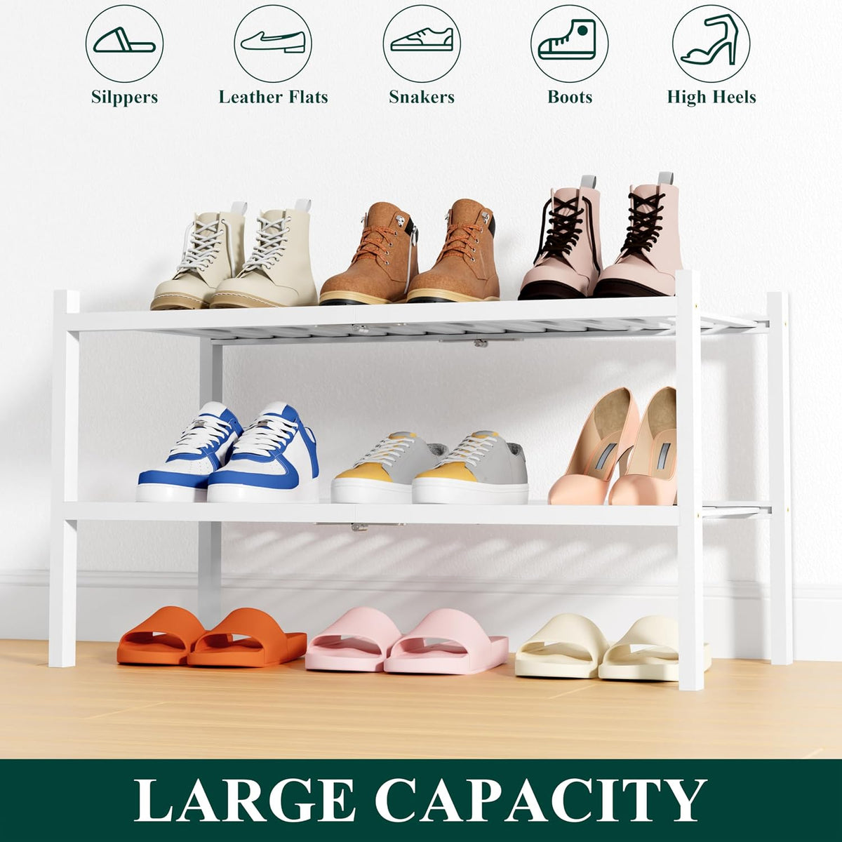Smiry Bamboo Shoe Rack, 14 Vertical Slats, 2 Tier - 26.8" Wide, White