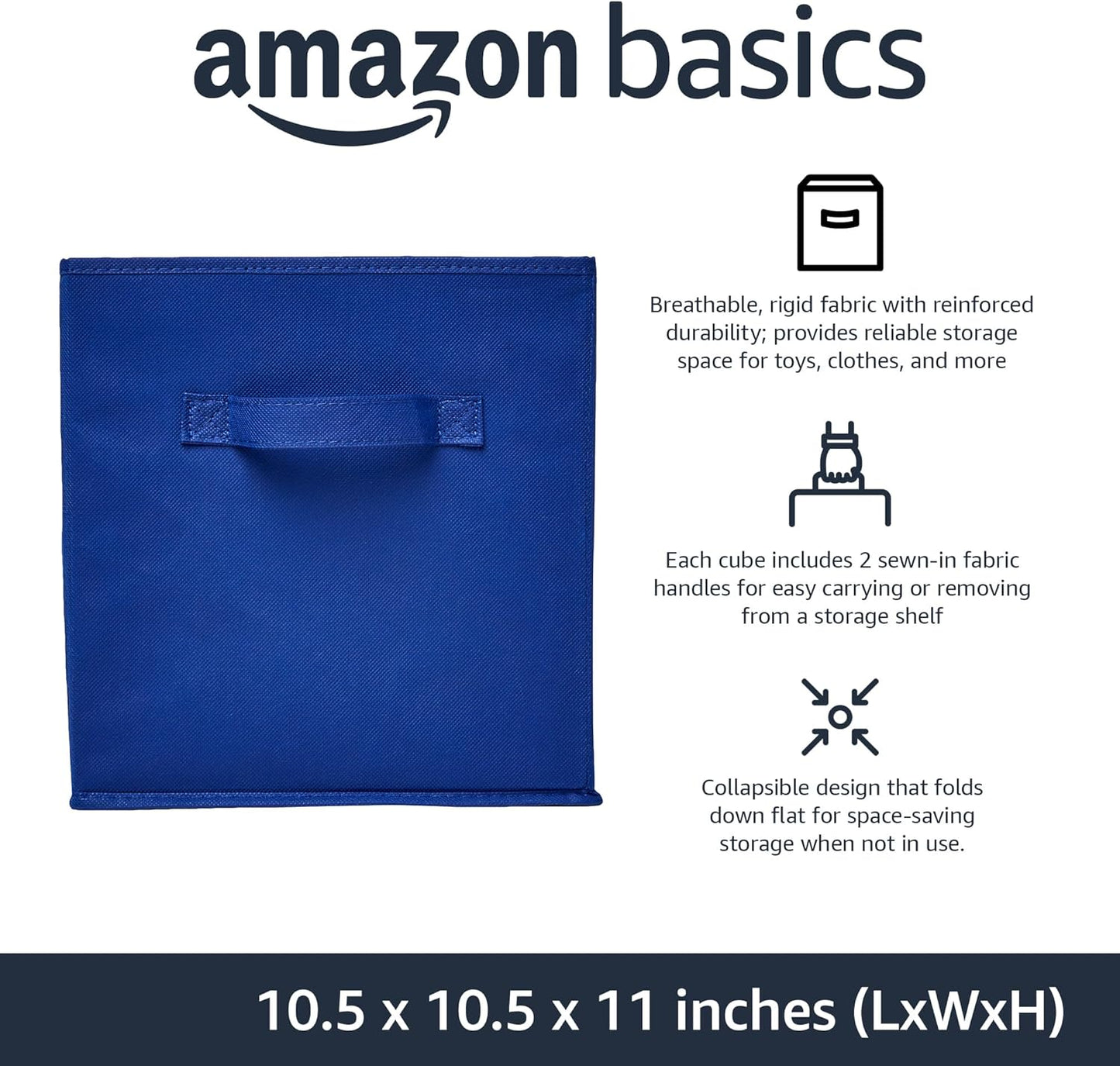 Amazon Basics Collapsible Fabric Storage Bins with Handles, Cube Organizer for Home Organization, 10.5"x10.5"x11", Navy, 6-Pack