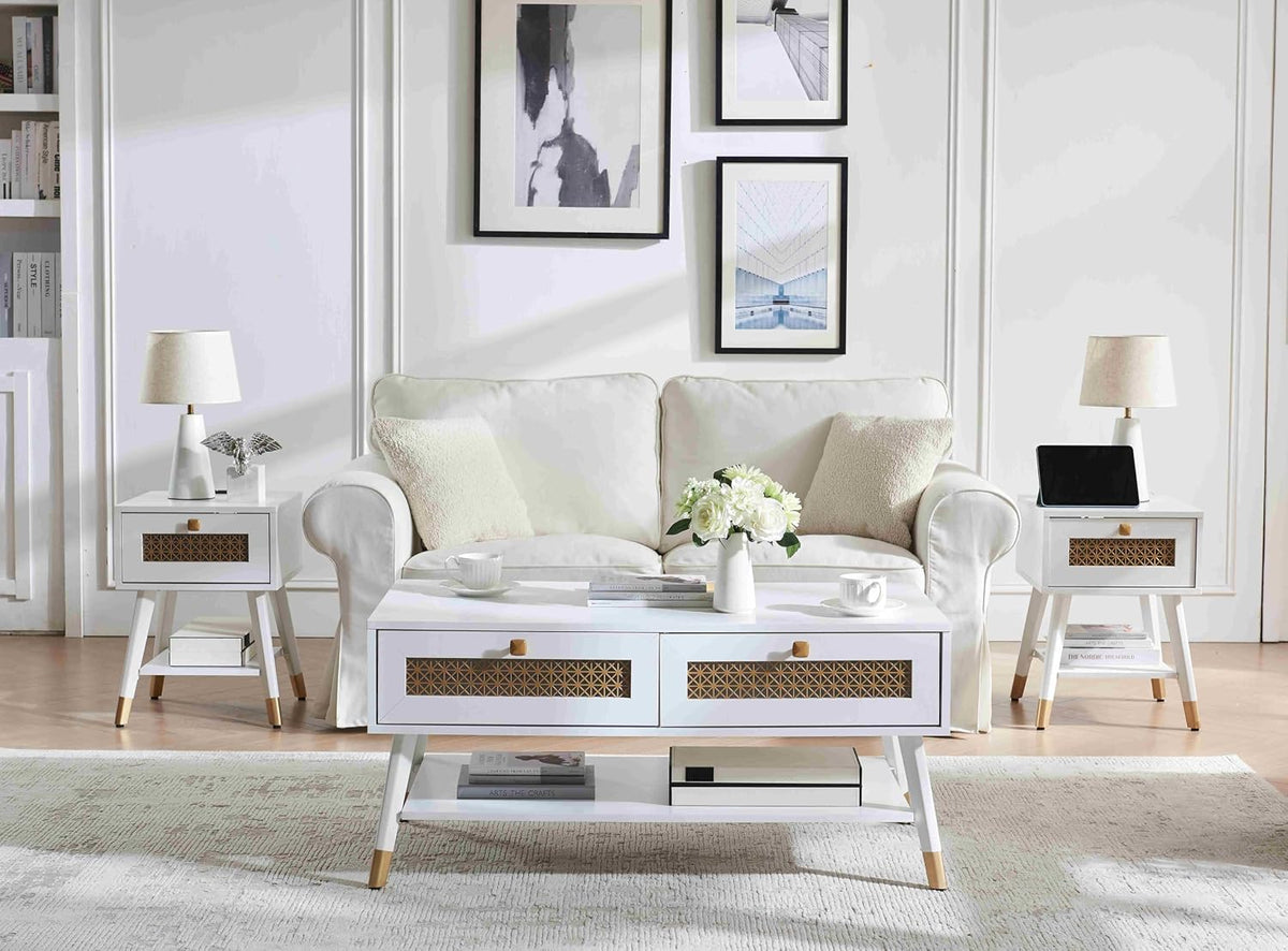 JYED DECOR White Coffee Table with Storage Drawers & Open Shelf, Mid Century & Boho Living Room Table with Gold Metal Designed for Home