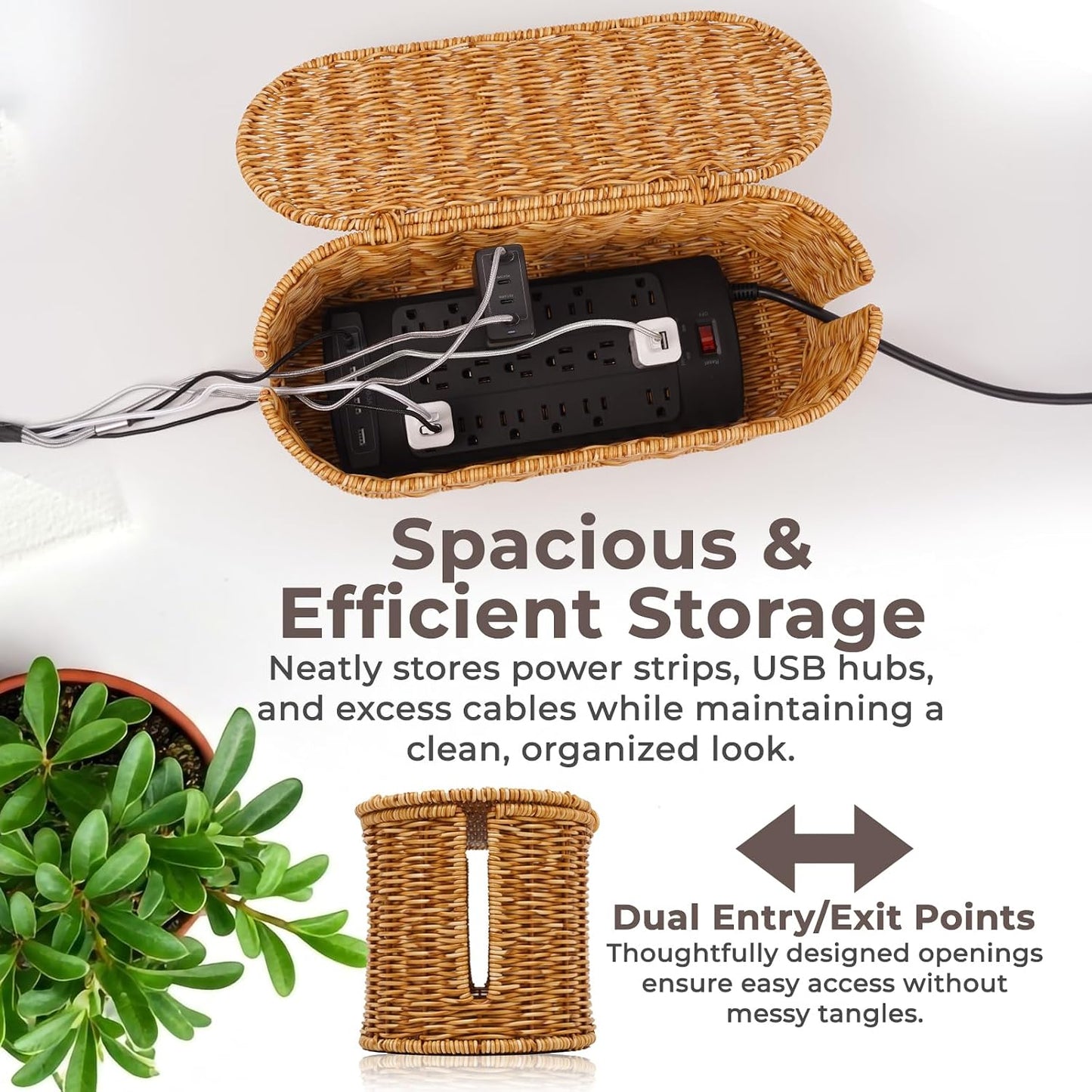 Cable Management Box, Handmade Rattan Cord Organizer for Power Strip | Large Oval Cord Hider with Open Slots for Power Strip, Router & USB Hub