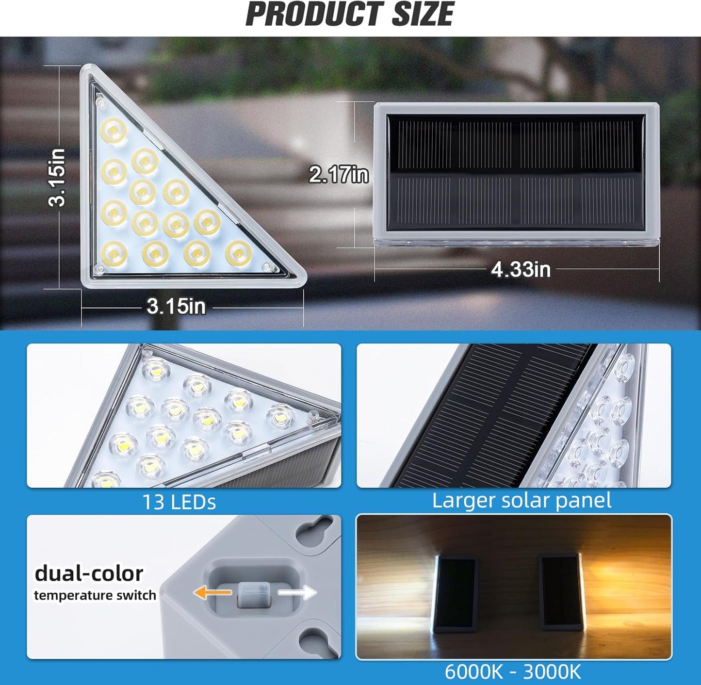 NIORSUN Solar Step Lights 6 Pack - Outdoor Stair Lights with 3000K Warm White & 6000K Cool Daylight, IP67 Waterproof, Auto On/Off, Super Bright for Deck, Patio, Steps