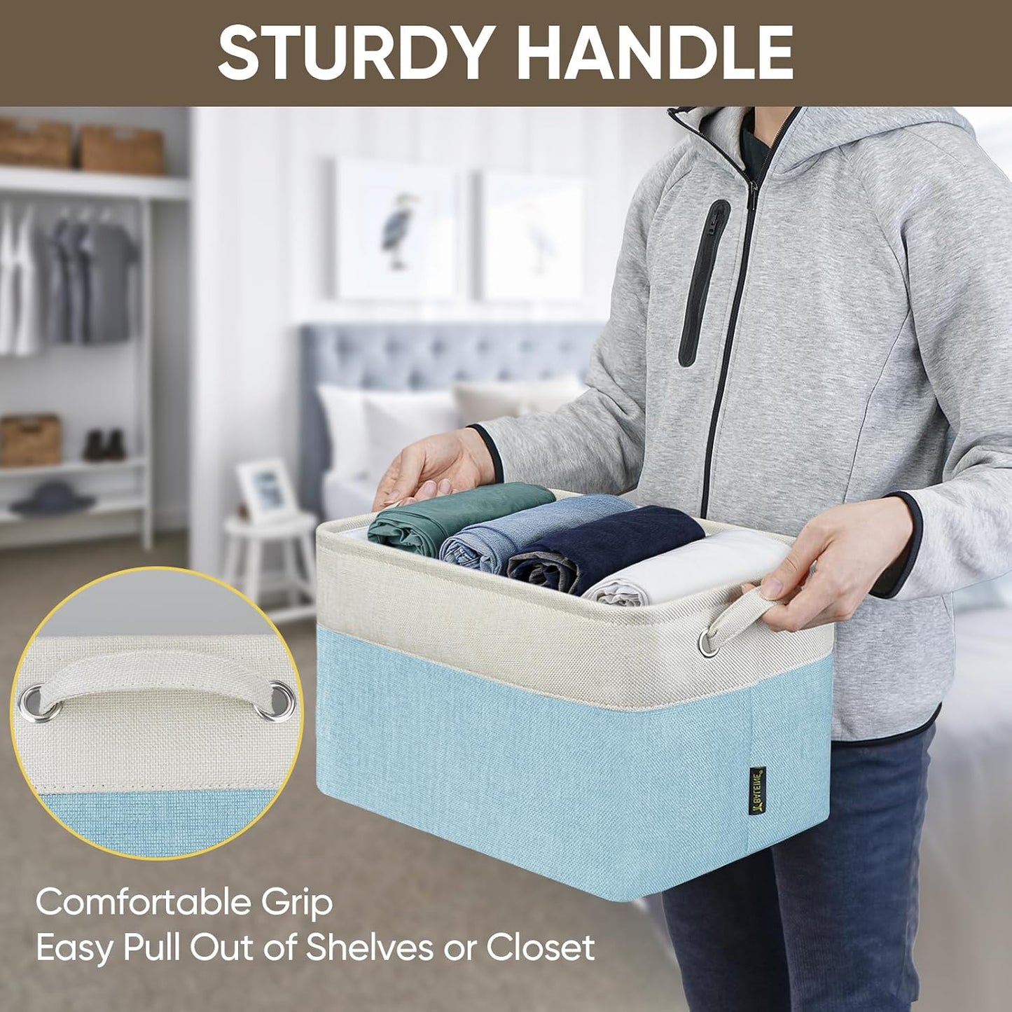 BALEINE 3 Pack Fabric Closet Storage Bins for Shelves, Linen Closet Organizers and Storage, Decorative Baskets for Organizing, Shelf, Clothes, Home, Office (Skyblue, 15''x11''x9.5'')