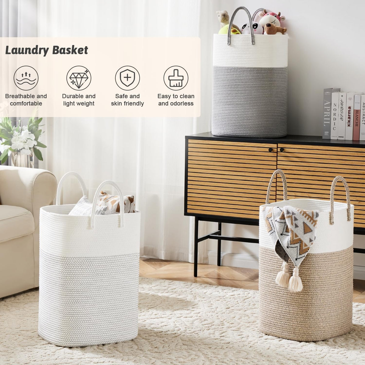 Laundry Basket,Woven Cotton Rope Laundry Hamper,Versatile Storage for Dirty Clothes,Baby Toys,and Blankets in Bathroom, Nursery,and Living Room (Grey, 100L)