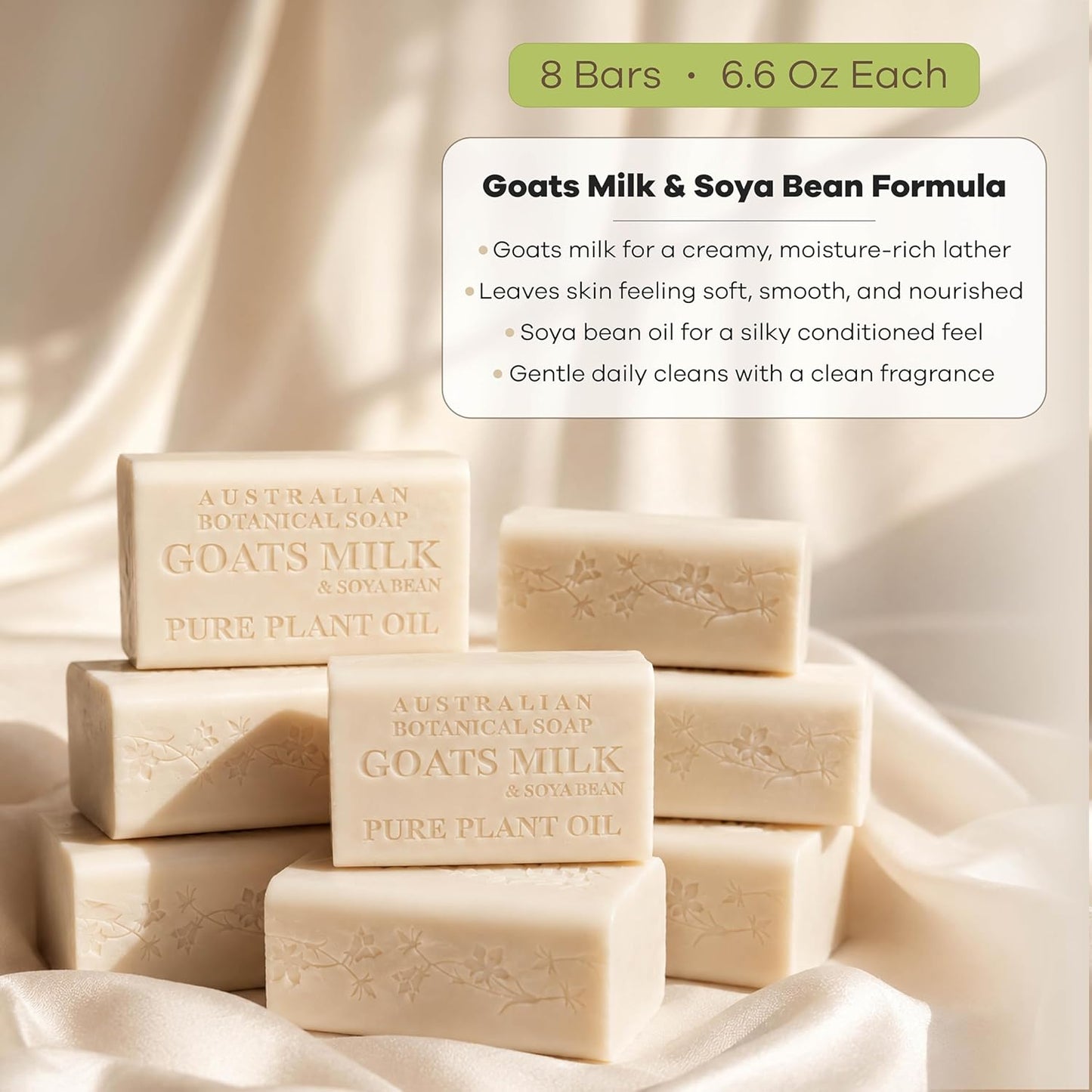 Australian Botanical Soap 6.6 OZ, Pack of 8, Goat Milk Soap Bars with Soya Bean Oil, Enriched with Organic Shea Butter, Suitable for All Skin Types, Packaging May Vary