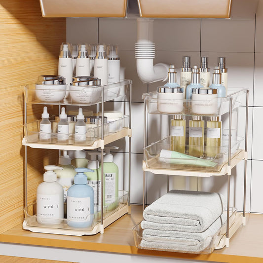 Delamu 2 Pack 3-Tier Bathroom Under Sink Organizers and Storage, Multi-Purpose Stackable Pantry Organization and Storage, Pull Out Clear Kitchen Bathroom Cabinet Organizer with Movable Dividers, Beige