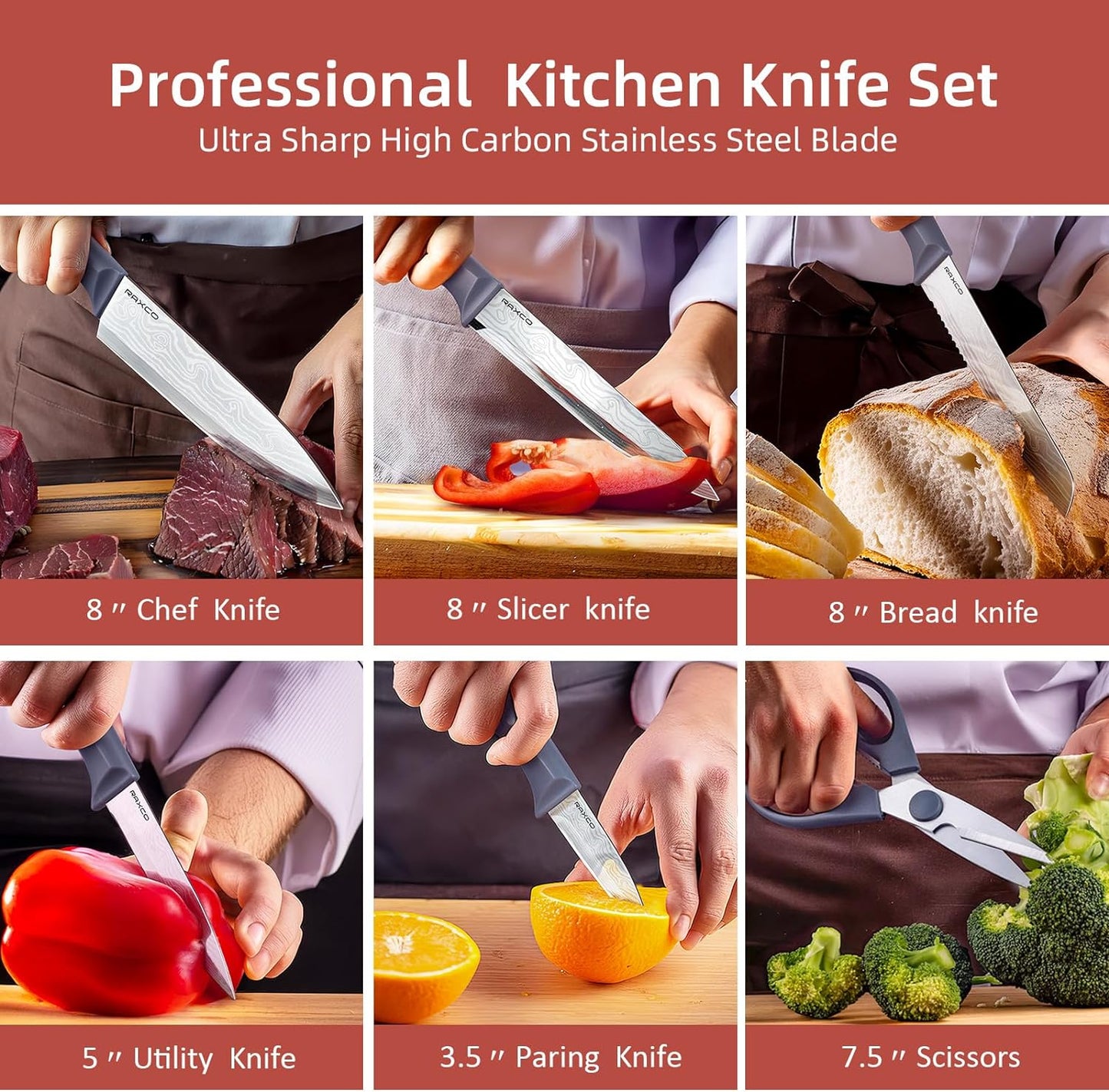 RAXCO 10-Piece Kitchen Knife Set | Stainless Steel Holder | Compact Design - Gray