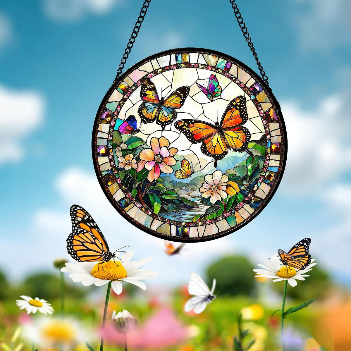 Butterflies and Flowers Stained Glass Window Hanging Suncatcher Gifts 12"