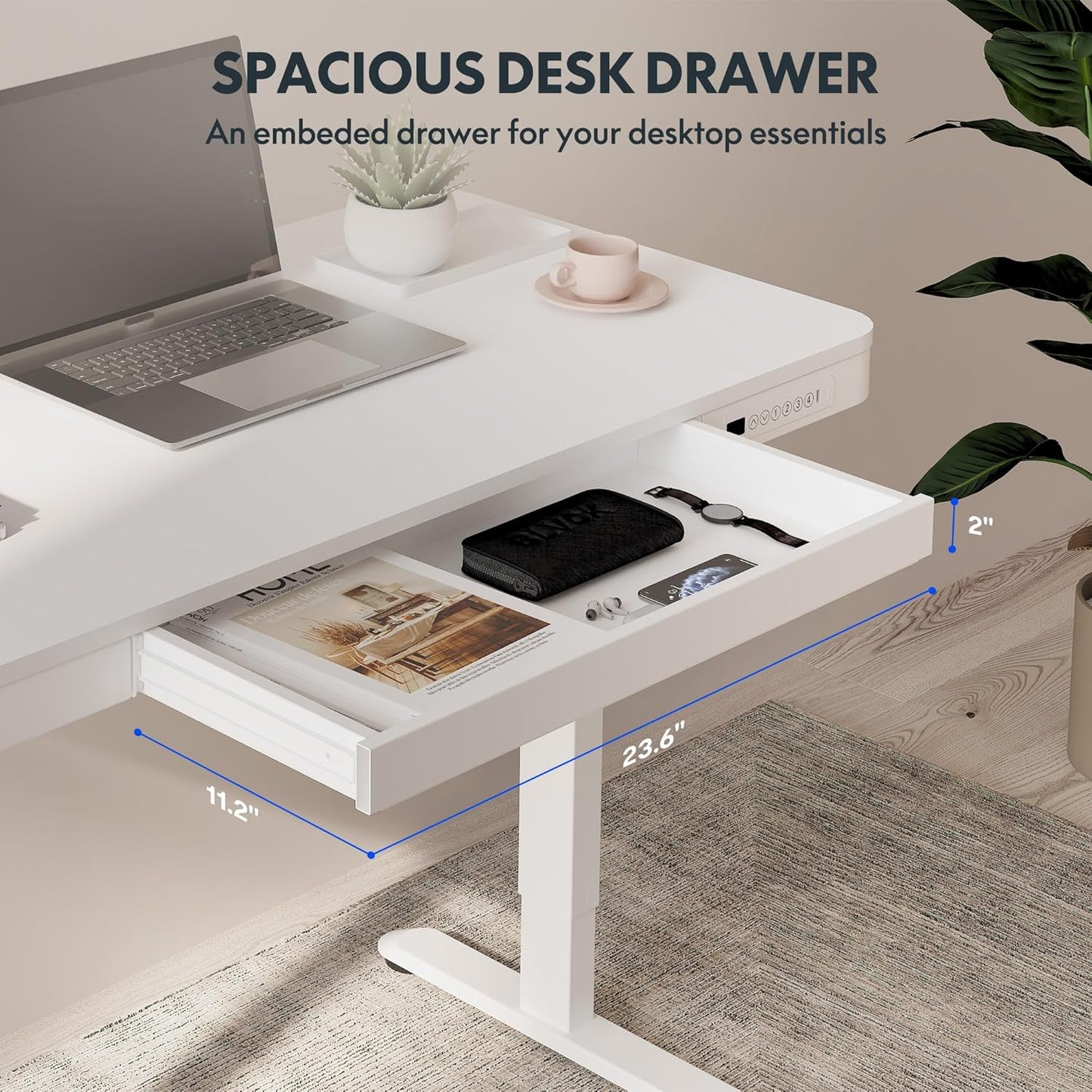 FLEXISPOT Comhar Electric Standing Desk with Drawers Charging USB A to C Port, Height Adjustable 48" Whole-Piece Home Office Computer Laptop Table with Storage (White Top + Frame)