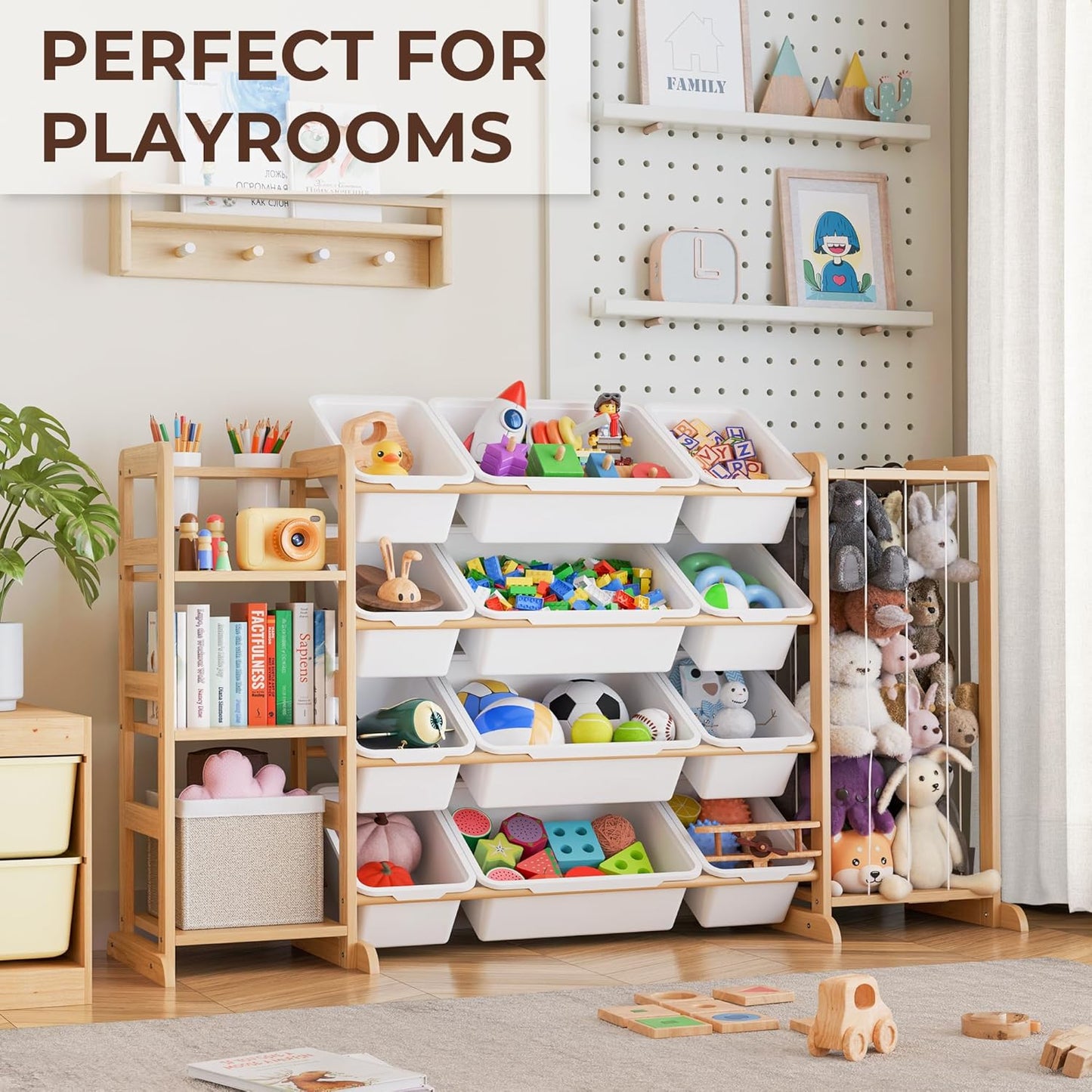 Toy Storage Organizer with Bookshelf and Stuffed Animal Storage - Kids Playroom Organization with Shelves and 12 Toy Bins - Toddler Living Room Toy Box for Lego - Nursery Bedroom Decor Essential
