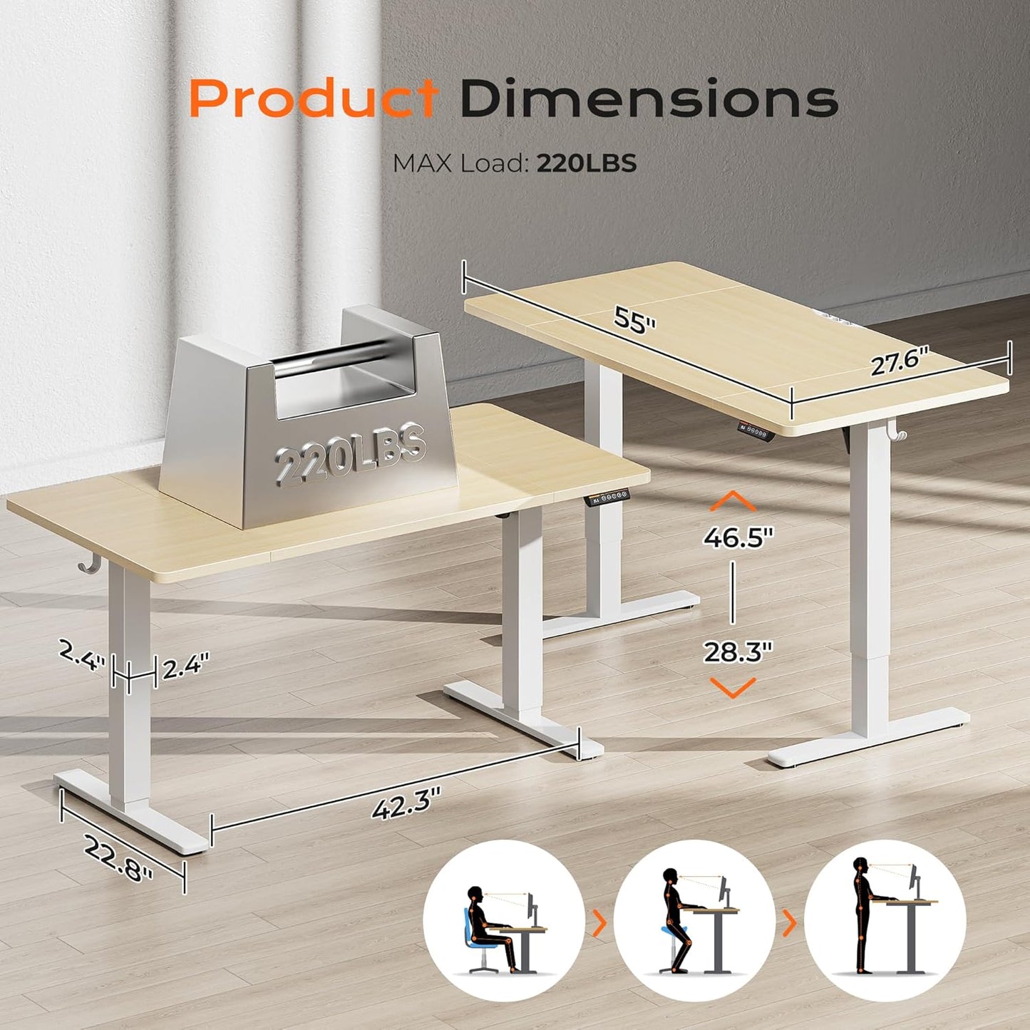 Huuger 55 x 28 Large Electric Standing Desk, Height Adjustable Desk, 27.6" Deep Desktop, Stand up Gaming Computer Office Desk with 2 Hooks, 3 Preset Heights, for Home Office, Maple