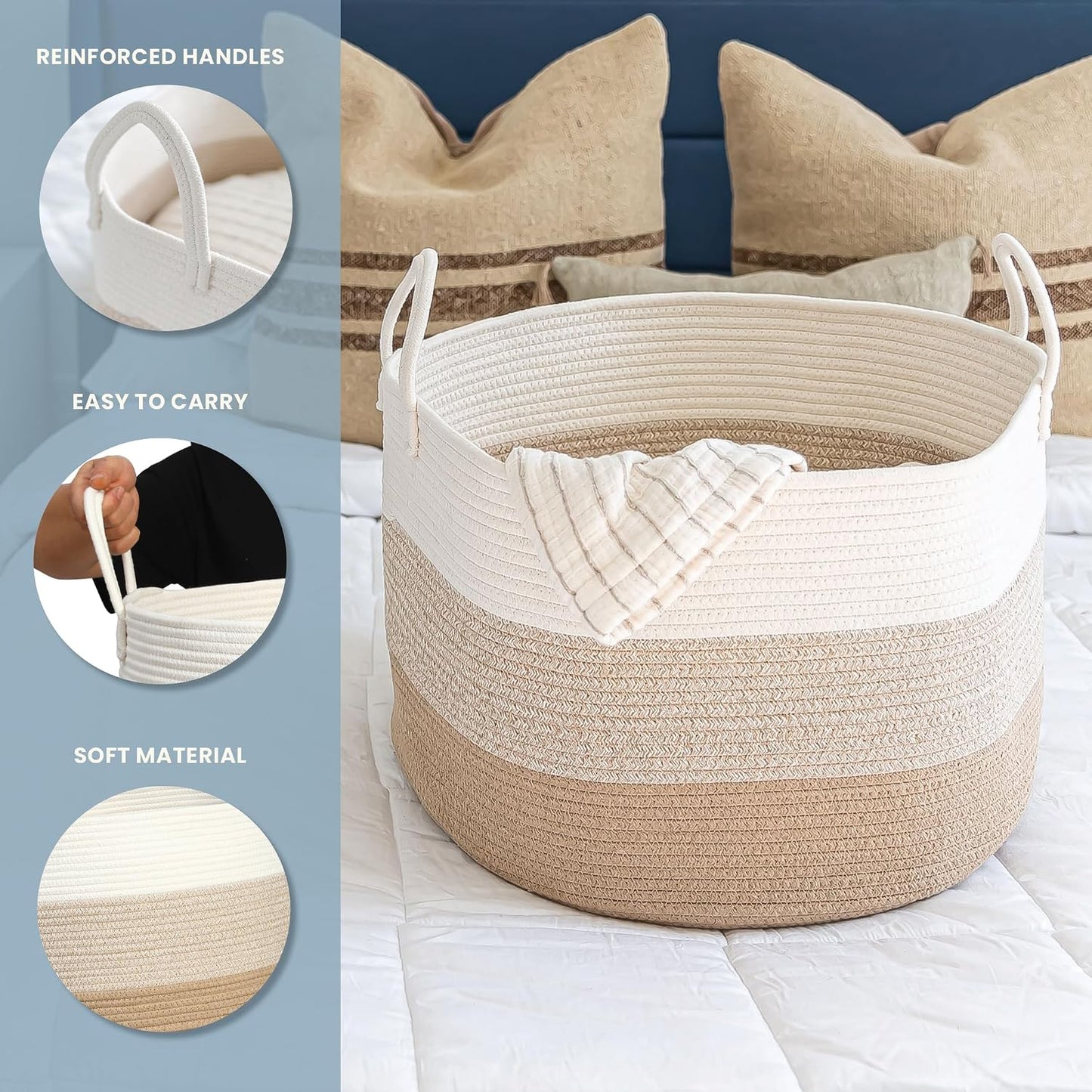 OrganiHaus Round Toy Basket & Blanket Basket, Cotton Rope 20x13" | 3-Toned Honey - Round Cotton Rope Basket, 20x13"