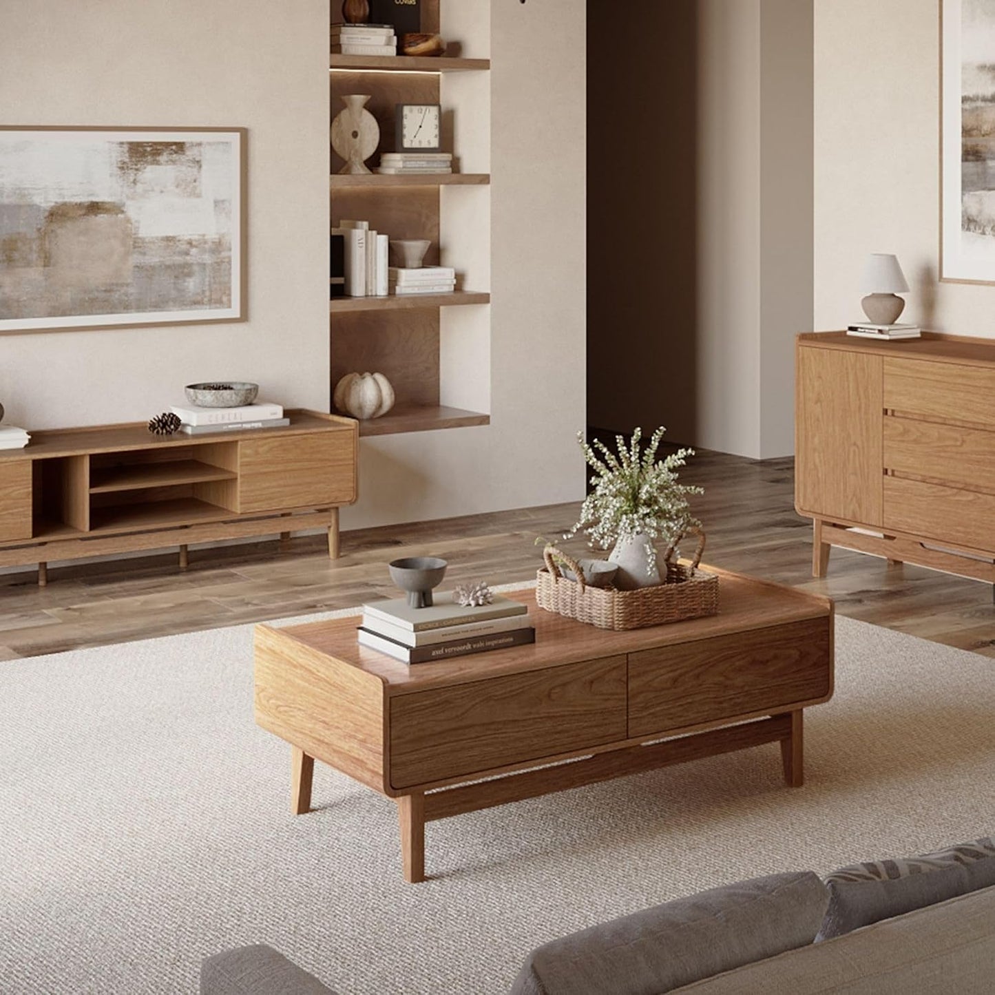 LuxenHome 47" Coffee Table with Storage, Oak Center Table for Living Room | Summer Oak Mid-Century Design, Round Edge Space-Saving Rectangular Top, Tapered Legs, Versatile Home Office Use