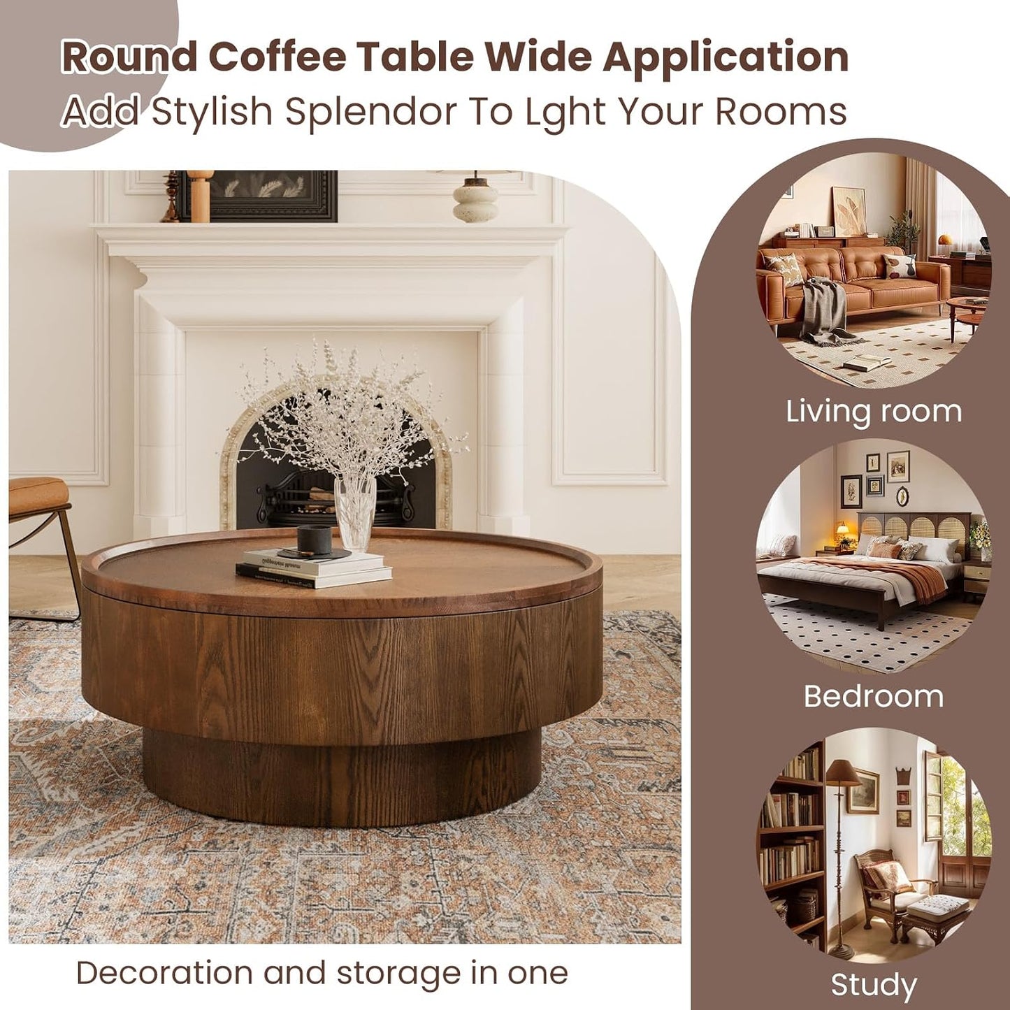 JHKZUDG 30.7" Small Round Coffee Table with Storage for Small Space | Wood Drum Coffee Table Mid Century Modern Circle Center Table Accent Tables for Living Room Apartment Easy Assembly