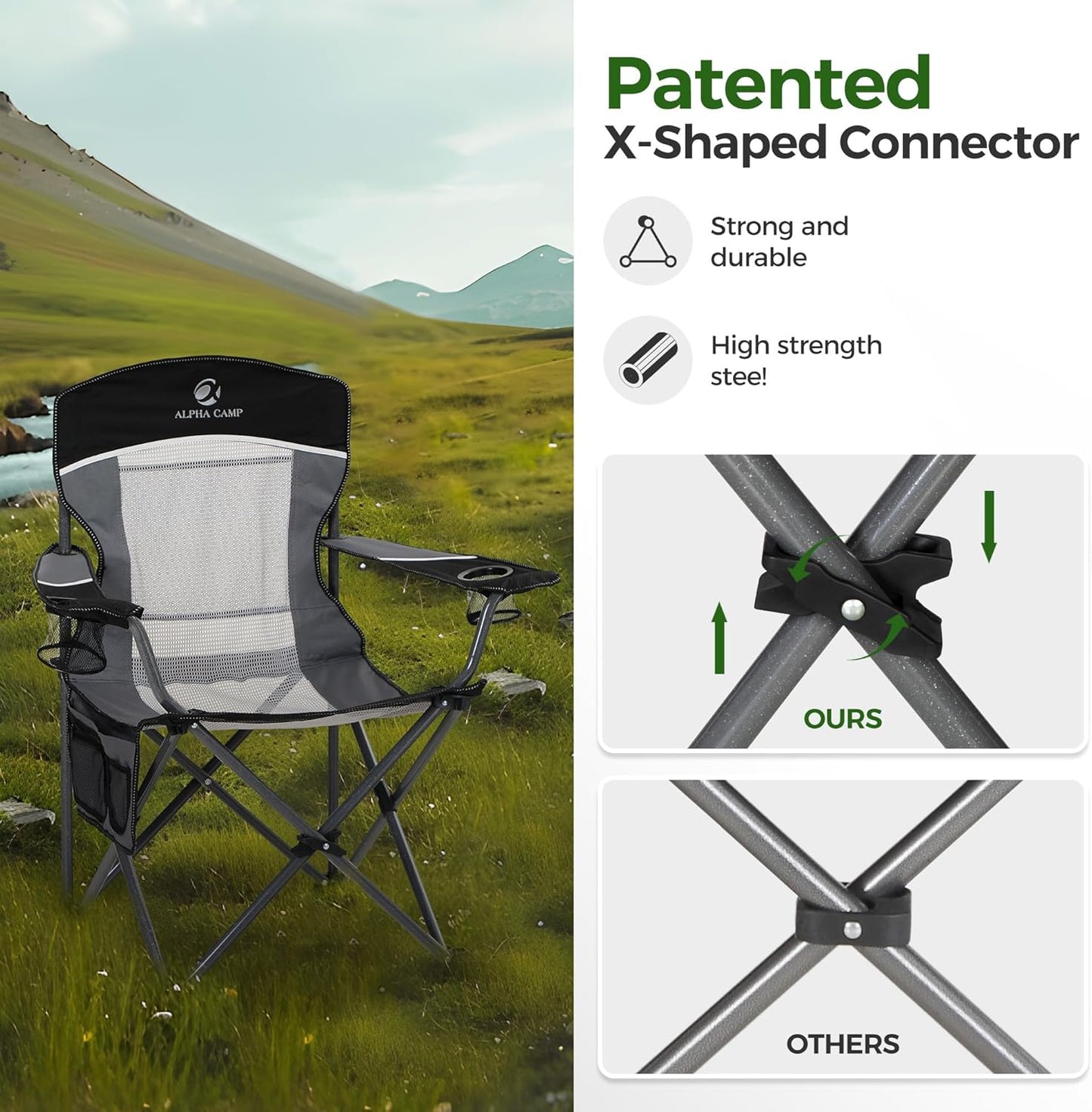 ALPHA CAMP Heavy Duty Camping Chair 500LBS Capacity, Oversized Folding Chair for Heavy People, Padded Portable Outdoor Chair with Cooler Bag & Cup Holder for Camping, Fishing, Beach