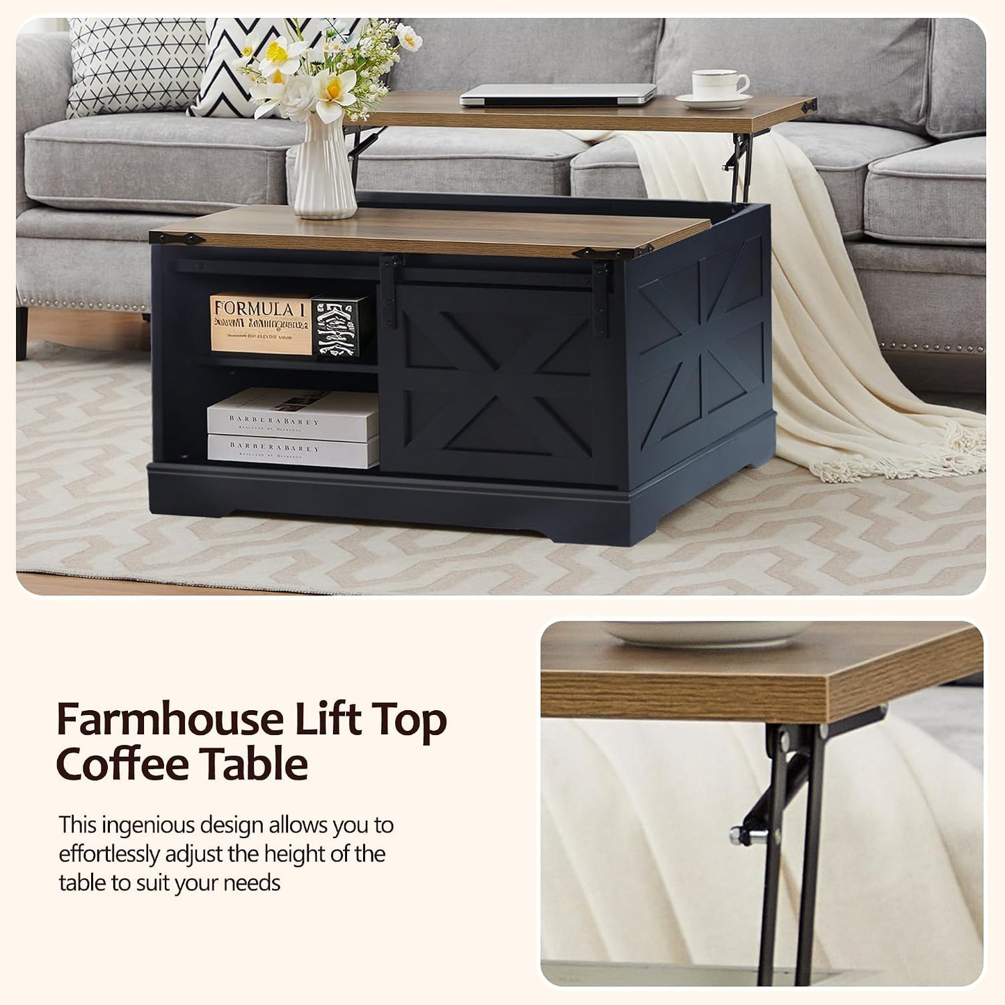 Farmhouse Lift Top Coffee Table, Wood Square Coffee Table with Sliding Barn Door and Adjustable Shelf Rustic Center Table with Hidden Storage Compartment for Living Room, Black