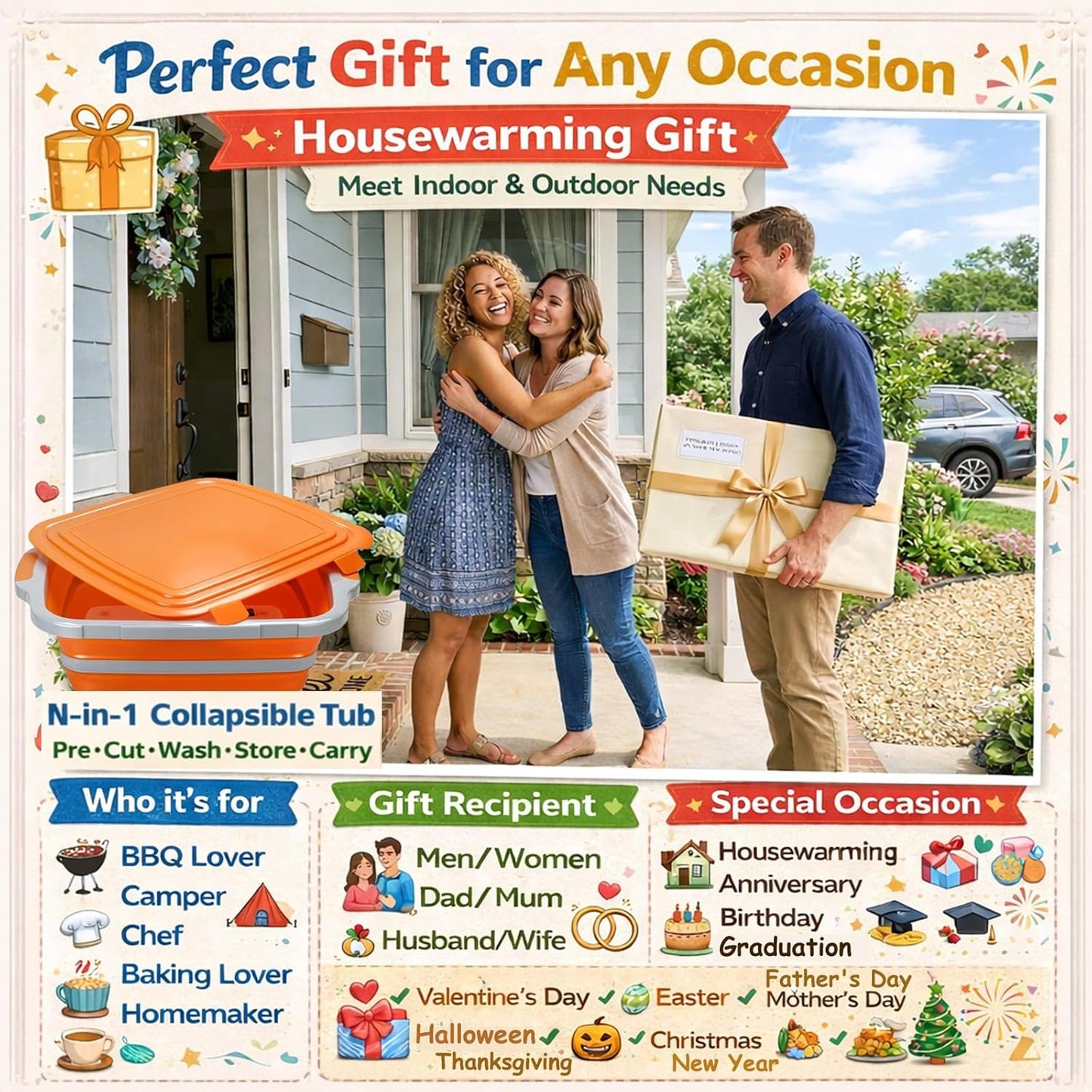 16L Collapsible BBQ Prep Tub with Locking Lid & Cutting Board - Marinade Container Grill Carry System for RV Picnic Tailgate - Portable Wash Basin for Kitchen Camping Sink - Gift for Men Women