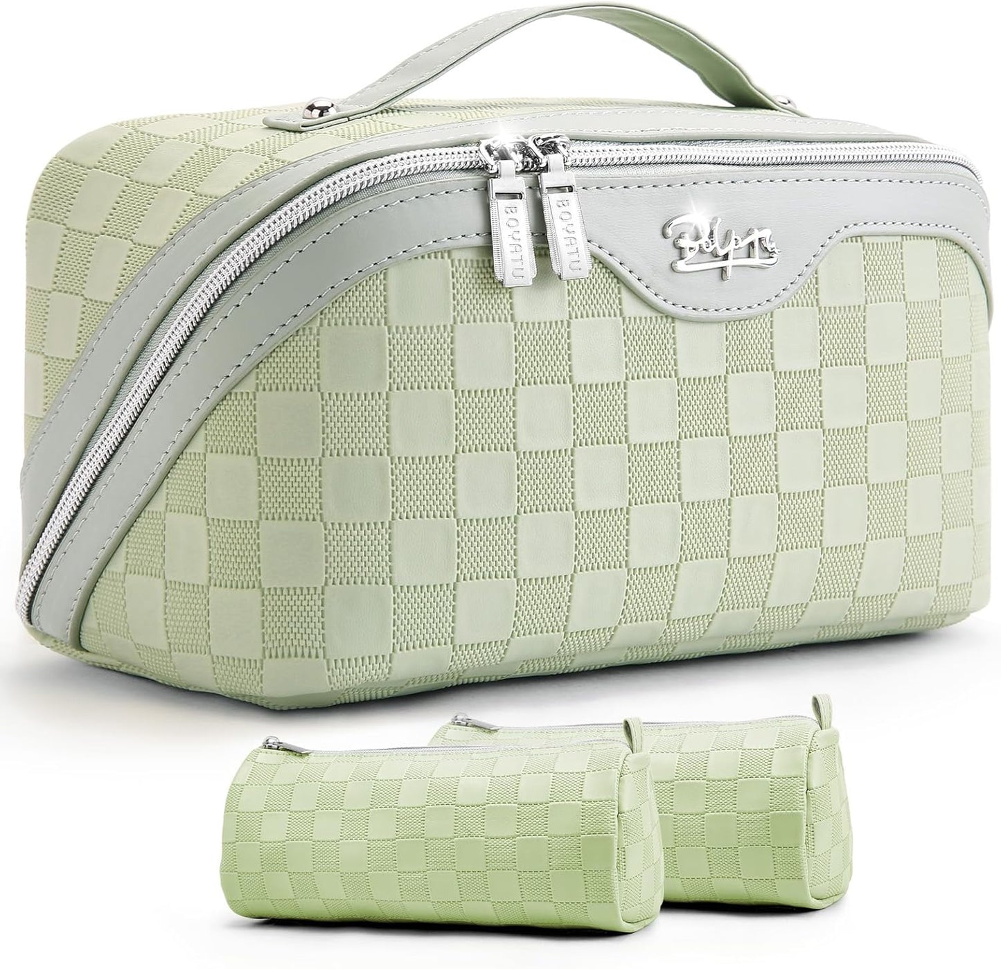 BOYATU Travel Makeup Bag Organizer: 3 Pcs Set Large Capacity Cosmetic Bags Holds 10–20 100ml Full-Size Bottles - 180°Open-Flat Make up Case 3-sec touch-up - Toiletry Bag Gift women (01-D-Green)