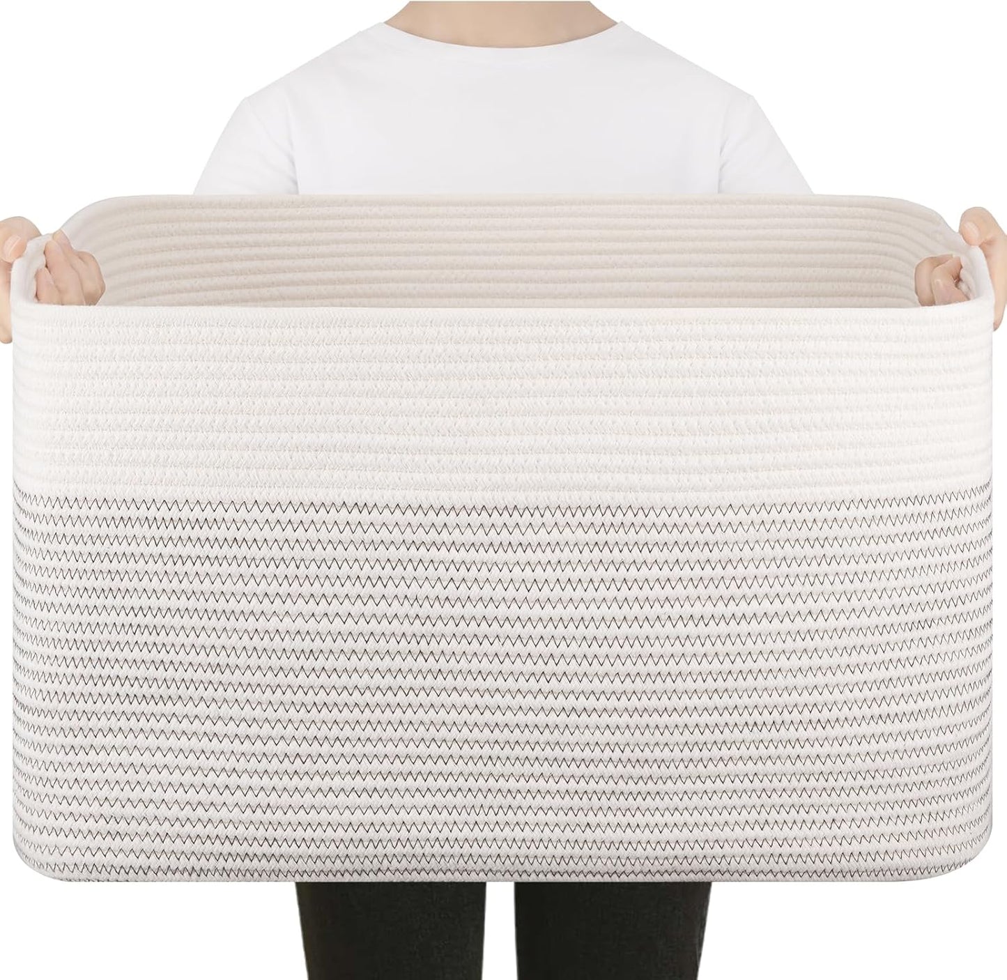 75L Large Cotton Rope Basket, Soft Toy Storage Bin for Nursery & Living Room, Decorative Blanket Basket for Bedroom, Baby-Safe Organizer for Pillows &Laundry, 22''×17''×12'', Black & White