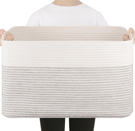 75L Large Cotton Rope Basket, Soft Toy Storage Bin for Nursery & Living Room, Decorative Blanket Basket for Bedroom, Baby-Safe Organizer for Pillows &Laundry, 22''×17''×12'', Black & White