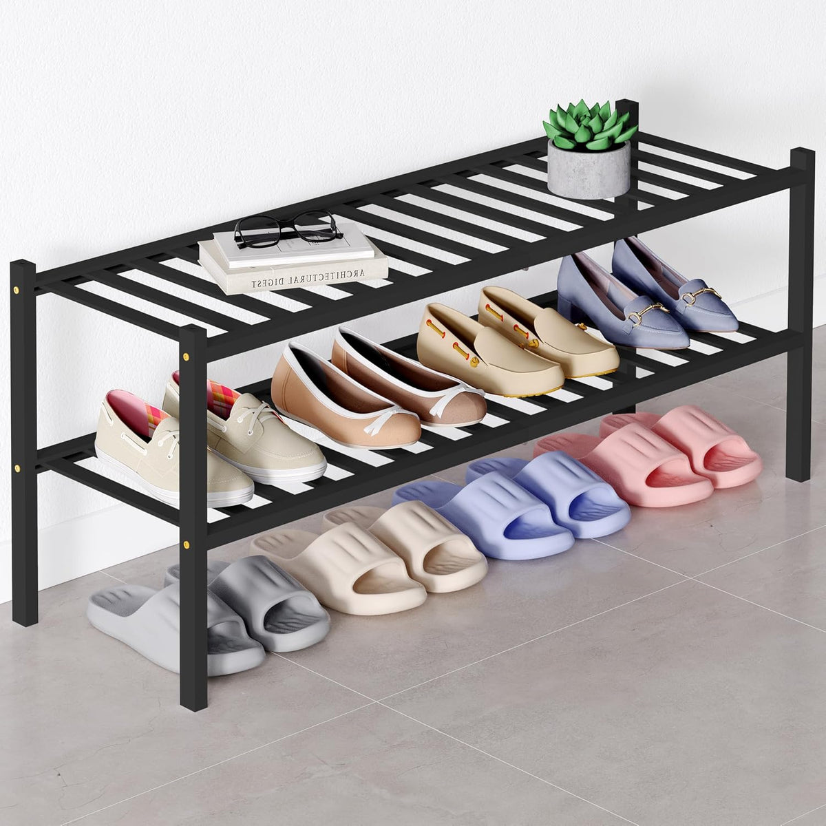 Smiry Bamboo Shoe Rack for Closet, 2 Tier - 33.86" Wide, Black