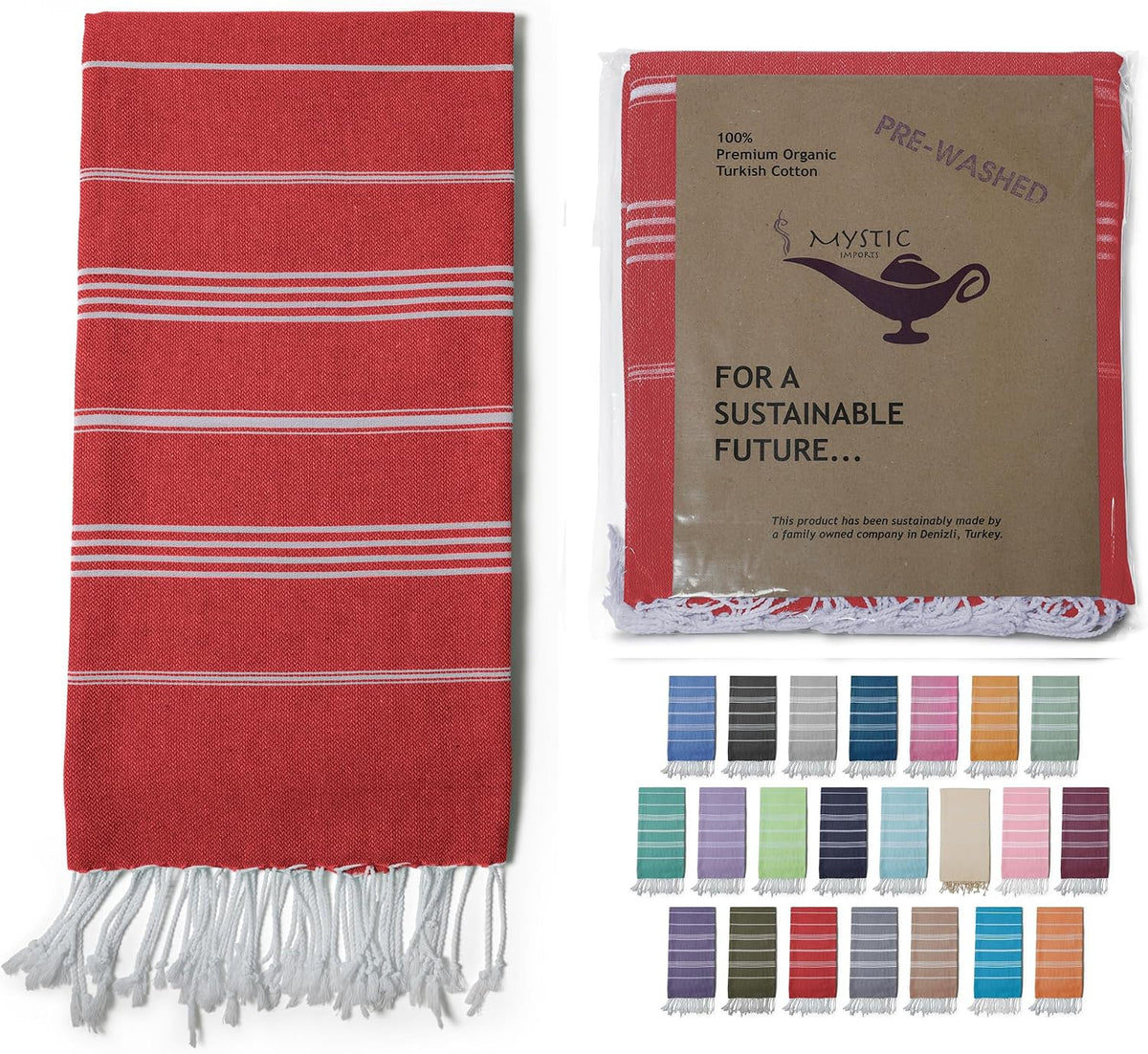 Turkish Beach Towel 100% Organic Cotton Extra Large Oversized (39 x 71 Inches) Quick Dry Sand Free Light Weight Prewashed for Bath Beach Gym Yoga Travel Towel Blanket (Red)