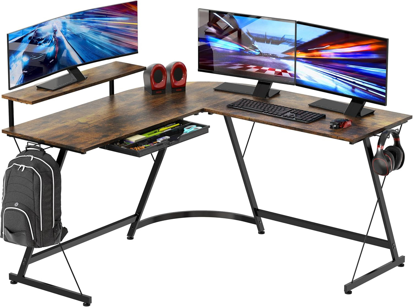 SHW 51 x 51 Inches Vista L-Shaped Desk with Monitor Stand and Drawer, Rustic Brown