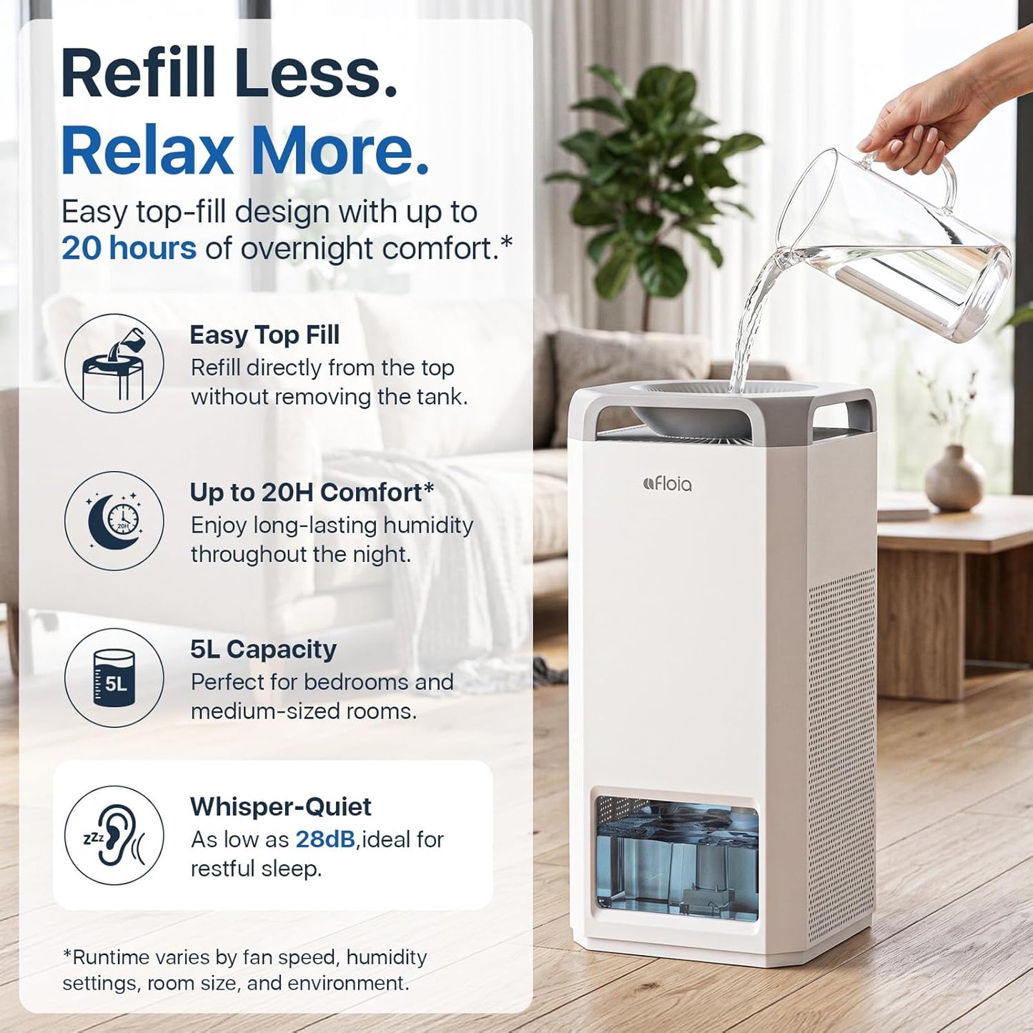 Afloia Humidifier for Bedroom & Large Room – Mist Free Evaporative Humidifier and Air Purifier in One with 4-Way Airflow, Top Fill Design, Quiet Sleep Mode, Up to 20H Runtime, Auto Humidity Control