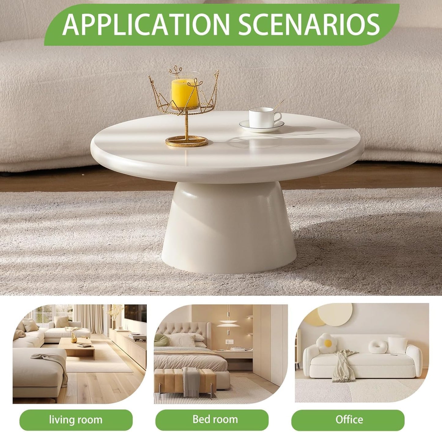 White Round Coffee Table (White 31in) | Cream Irregular Coffee Tables, Unique Pedestal Funky Cute Center with Large Tabletop & Legs, Irregular circular Coffee Table