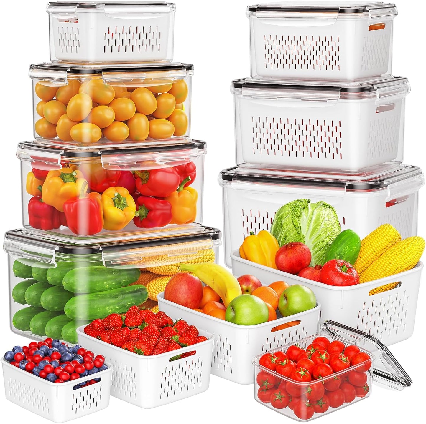 4 PCS Fruit Storage Containers for Fridge, Produce Containers for Fridge with Removable Colander, All-In-One Fruit Washing Bowl with Strainer Microwave/Dishwasher Safe for Salad Berry Lettuce Keeper