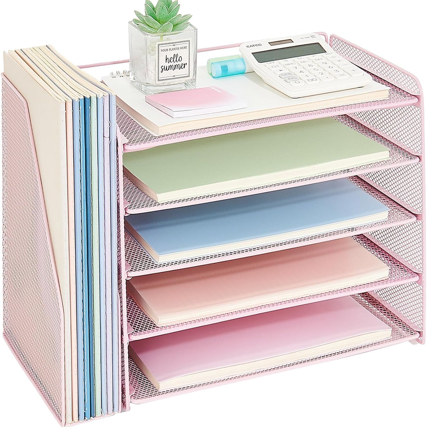 OPNICE Desk Organizer, 5-Tier Paper Organizer Letter Tray with Magazine Holder, Office Desk Accessories & Workspace Organizers, Desktop File Organizer for Office Supplies Storage, Pink