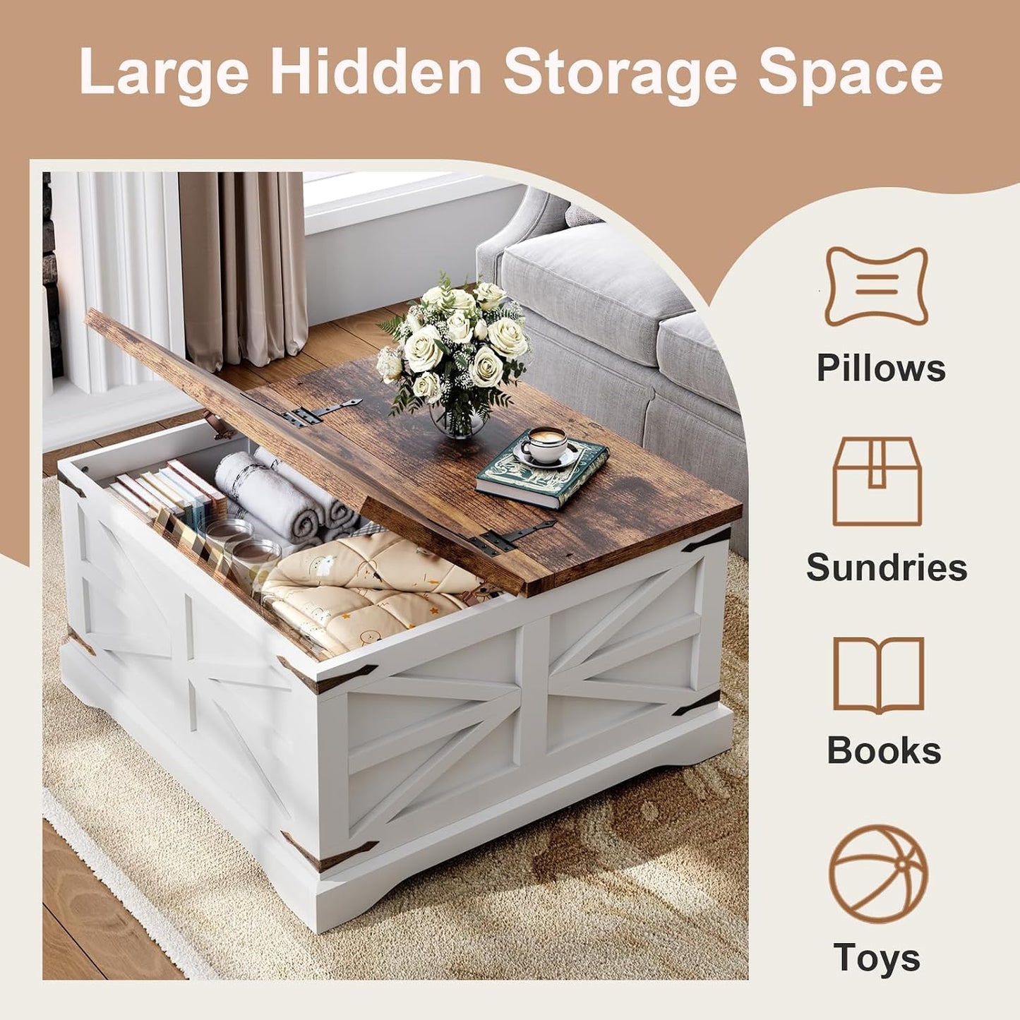 MXV Farmhouse Coffee Table with Storage, Square Coffee Tables for Living Room, Rustic Wood Center Table with Hinged Lifting Tabletop for Home, White