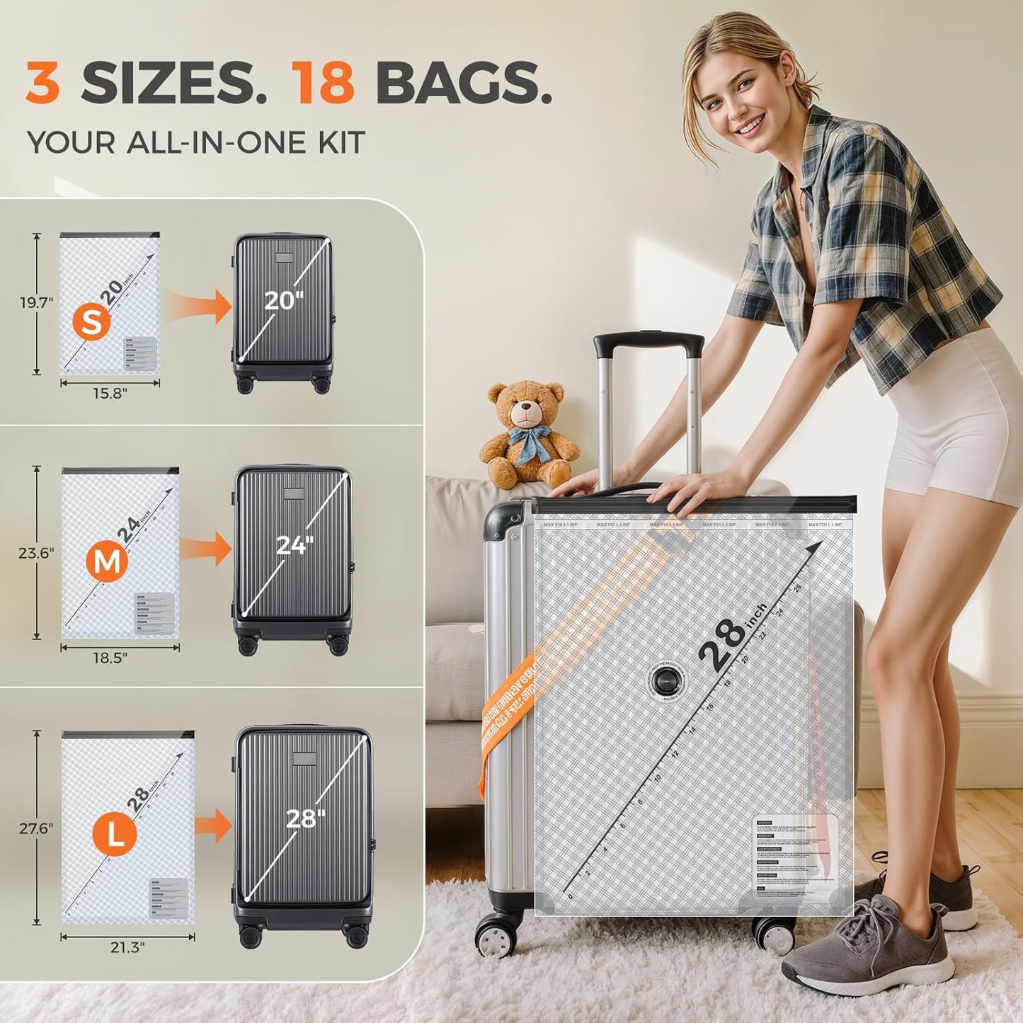 Nicetree 18-Pack Vacuum Bags for Travel with Rechargeable Pump, Compression Packing Bags for Carry-On Luggage & Suitcase, Vacuum Seal Bags for Clothing, 3 Sizes for Travel & Home Storage