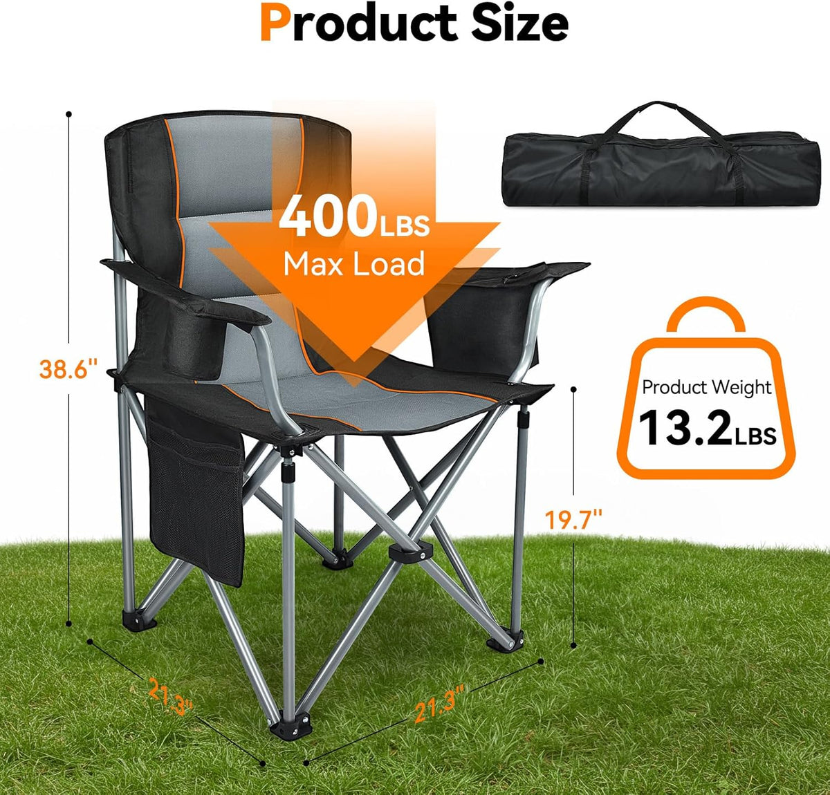 Camping Chairs, 2 Pack Oversized Heavy Duty Fully Padded Outdoor Folding Chairs with Cup Holder, Cooler Bag and Side Pocket, Support 400 LBS, Carry Bag Included, Versatile for Sports,Outdoors & Lawns