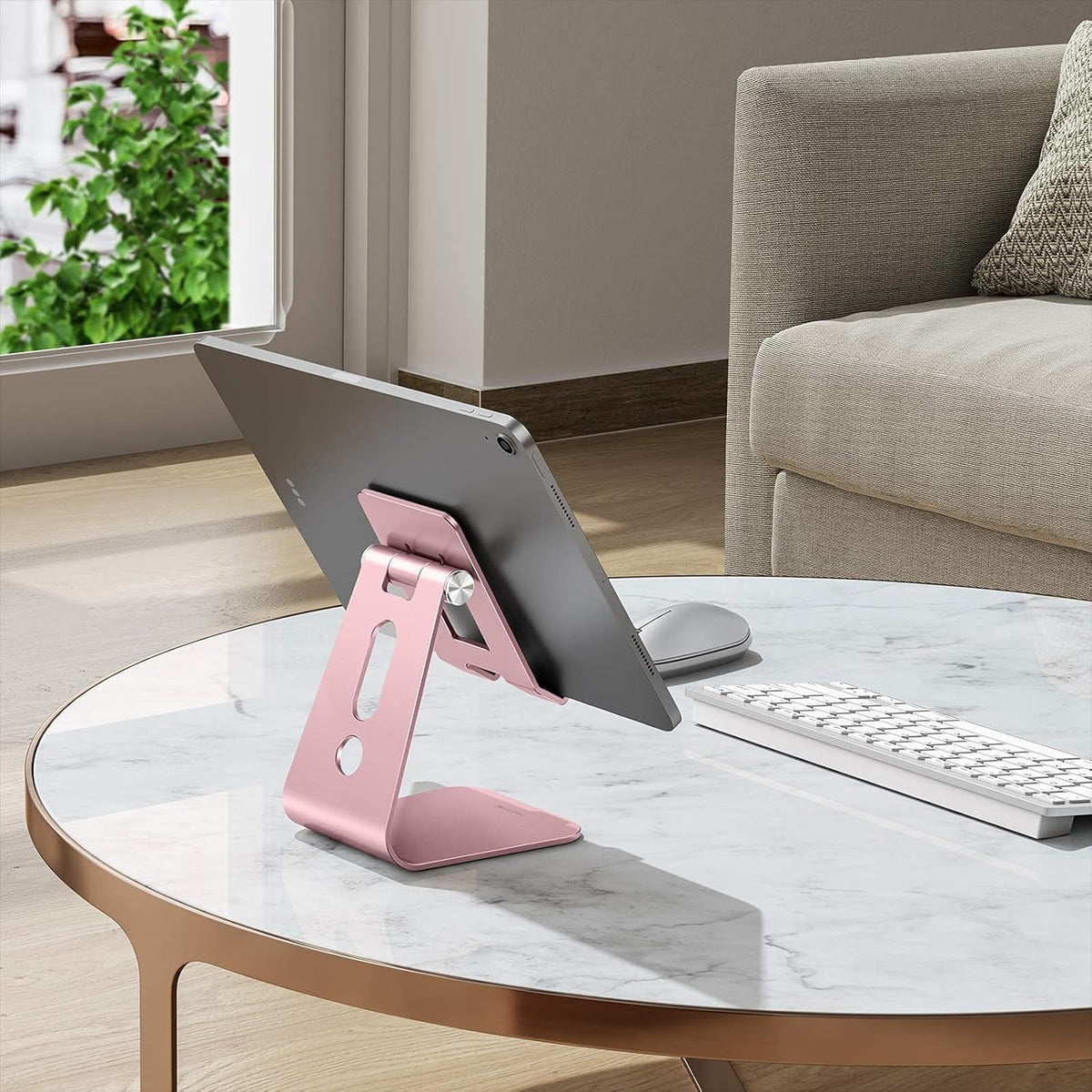 OMOTON Adjustable Tablet Stand for Desk, Upgraded Longer Arms for Greater Stability, T2 Tablet Holder with Hollow Design for Bigger Sized Phones and Tablets Such as iPad Pro/Air/Mini, Rose Gold