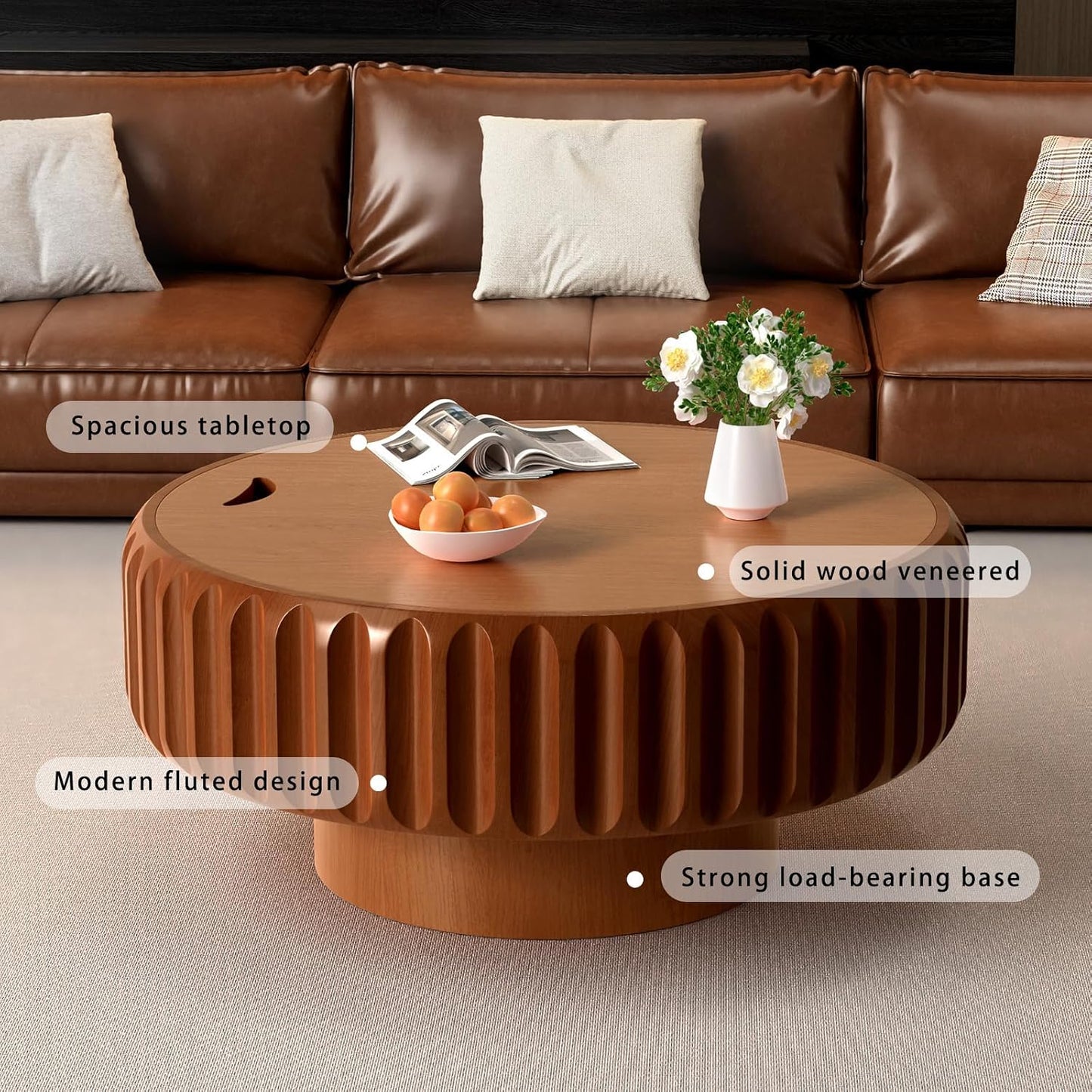 Storage Fluted Drum Coffee Table (A Brown 31.5 in) | Mid Century Wood Drum Shaped Table with Storage Compartment, Removable Lid for Living Room Bedroom, Stylish Retro Furniture