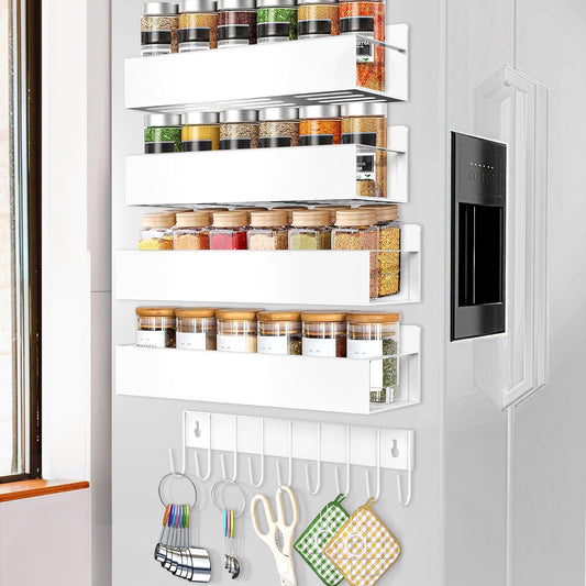 SMRCAD Magnetic Spice Rack Organizer for Fridge Seasoning Organizer for Kitchen storage with Screw Magnetic Shelf with Hook for Refrigerator and Oven (4pack1hook-White)