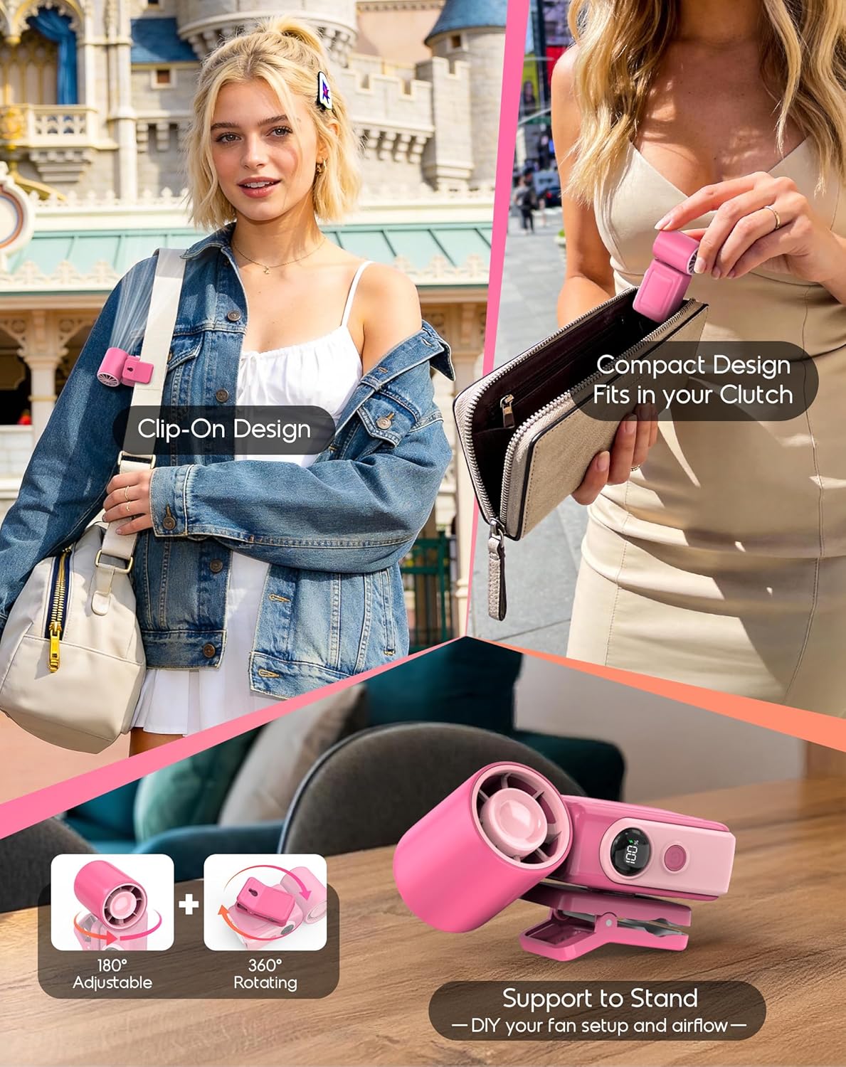 Portable Clip-On Mini Fan, Hands-Free, Turbo Personal Handheld Fans Rechargeable w/ 4 Wind & LED Display, Pocket Size Summer Essentials for Travel/EyeLash/Beach/Concert, Gifts for Women Men(Hot Pink)