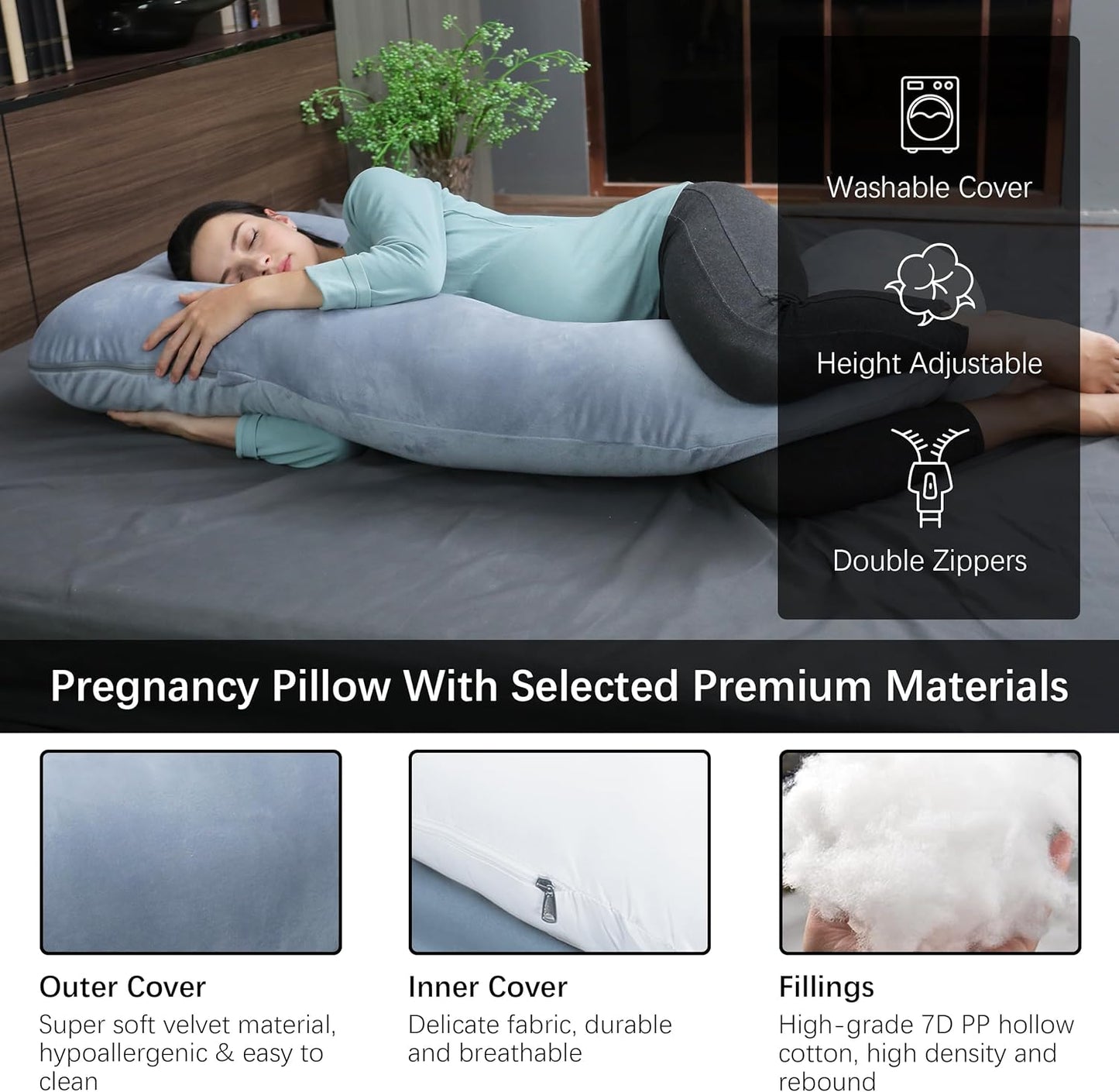MOON PARK Pregnancy Pillows for Sleeping - 57 Inch U Shaped Full Body Maternity Pillow with Removable Cover - Support for Back, Legs, Belly, Hips - Pregnancy Pillow for Women - Grey