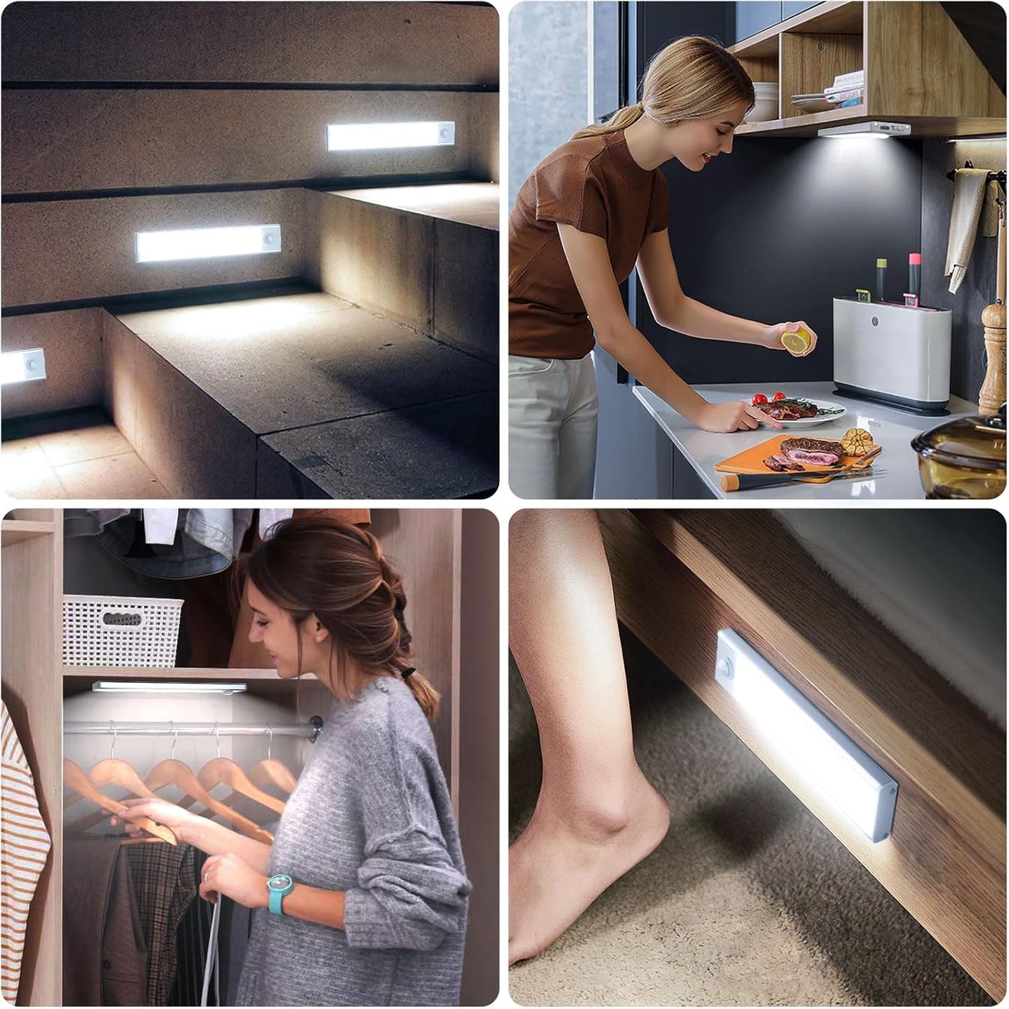6 Pack Under Cabinet Lighting Wireless, 32 LED Rechargeable Battery Motion Sensor Light Indoor, Stick On Magnetic Closet Lights, Under Counter Lights for Kitchen, Stairs, White 8 in