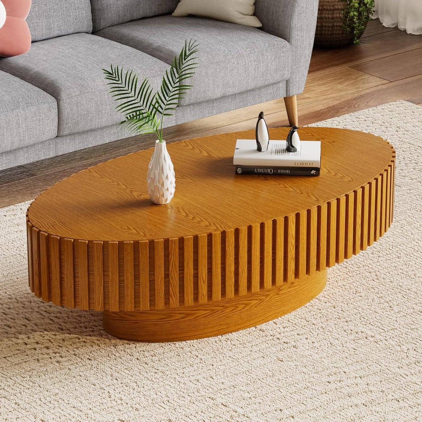 Light Brown Oval Fluted Coffee Table for Living Room (43"Oval Natural) | Handcrafted Relief Wood, Drum Coffee Table for Office Outdoor
