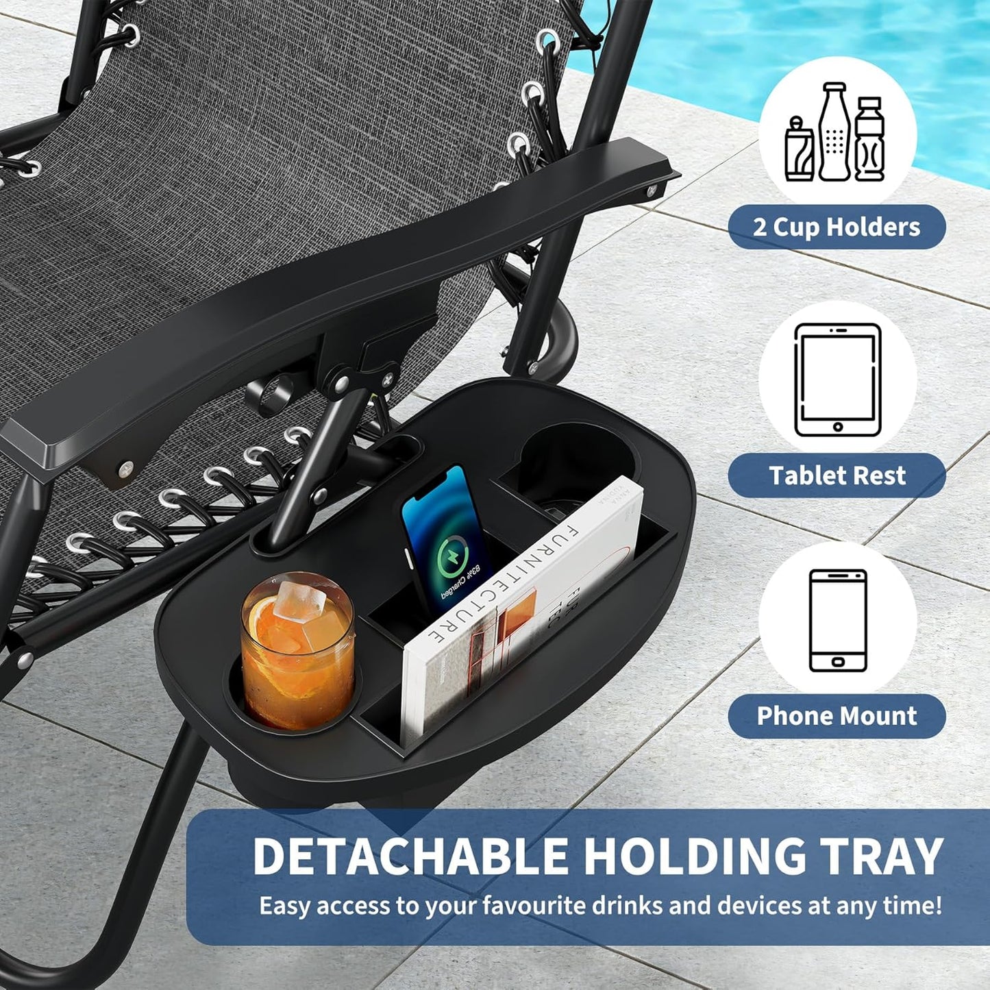 Garvee Zero Gravity Chair Set of 2, Patio Lounge Chair Outdoor with Pillow & Cup Holder Tray, Adjustable Reclining Chair, Folding Portable Camping Chair for Deck, Beach, Yard, Garden - Gray