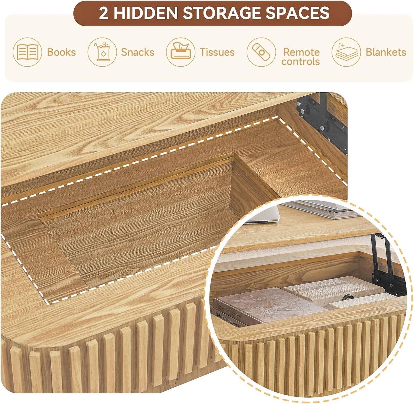Lift Top Coffee Table for Living Room,Rectangle Handmade Solid Wood Strips, Fluted Coffee Table with Hidden Storage Compartment Small Space Office Apartment (38.6" L×26.8''W×13.8''H-Natural)