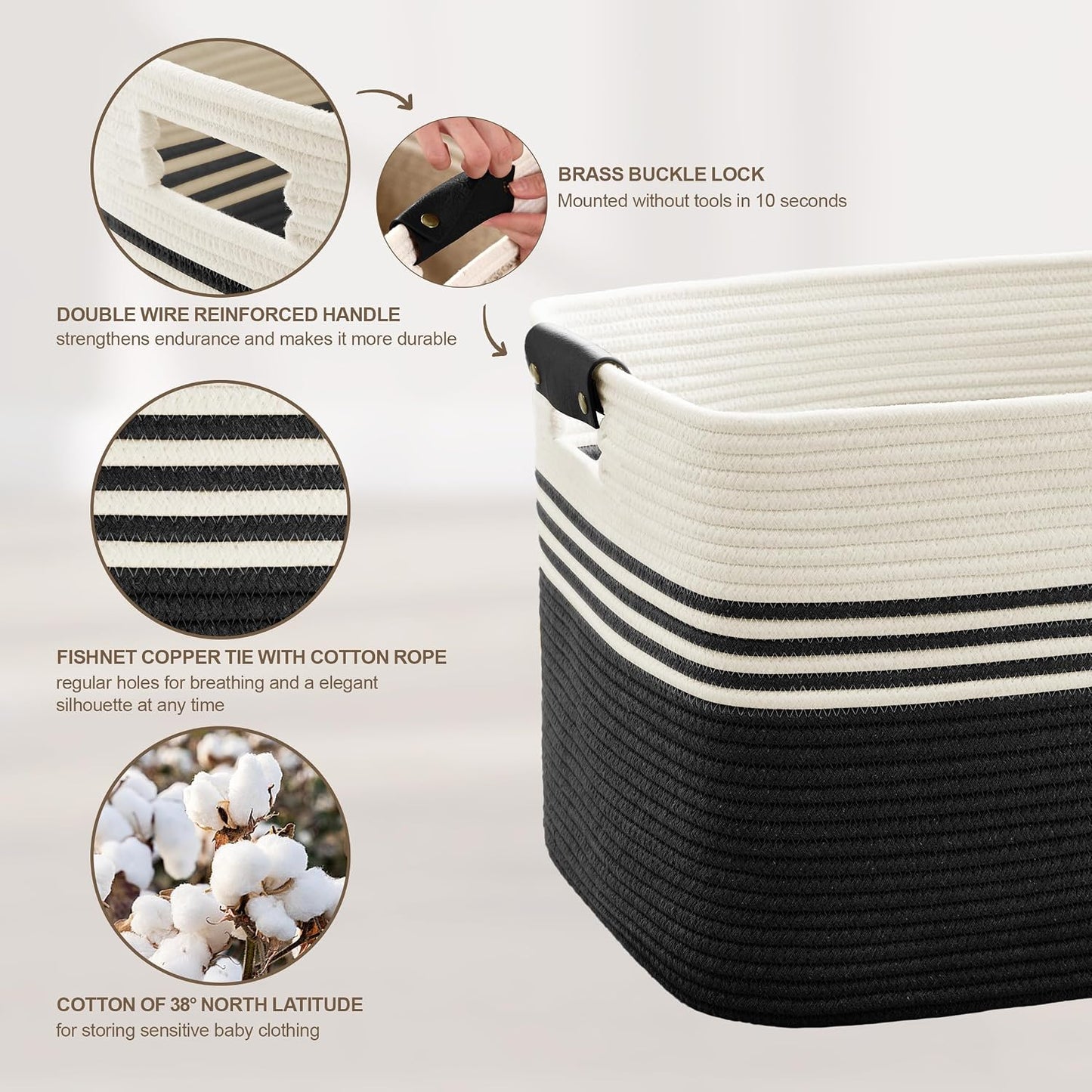 72L Large Woven Laundry Basket Hamper with Leather Handles,Black