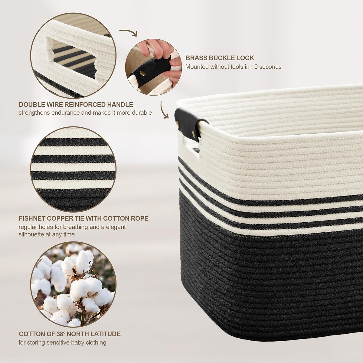45L Small Woven Laundry Basket Hamper with Leather Handles,Black
