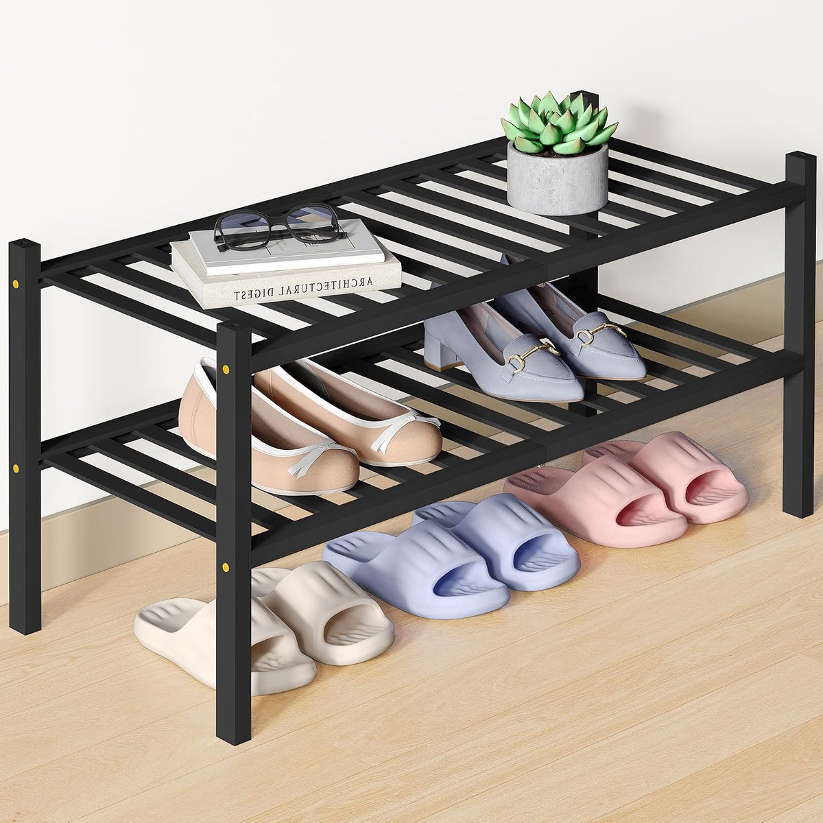 Smiry Bamboo Shoe Rack for Closet, 2 Tier - 26.77" Wide, Black