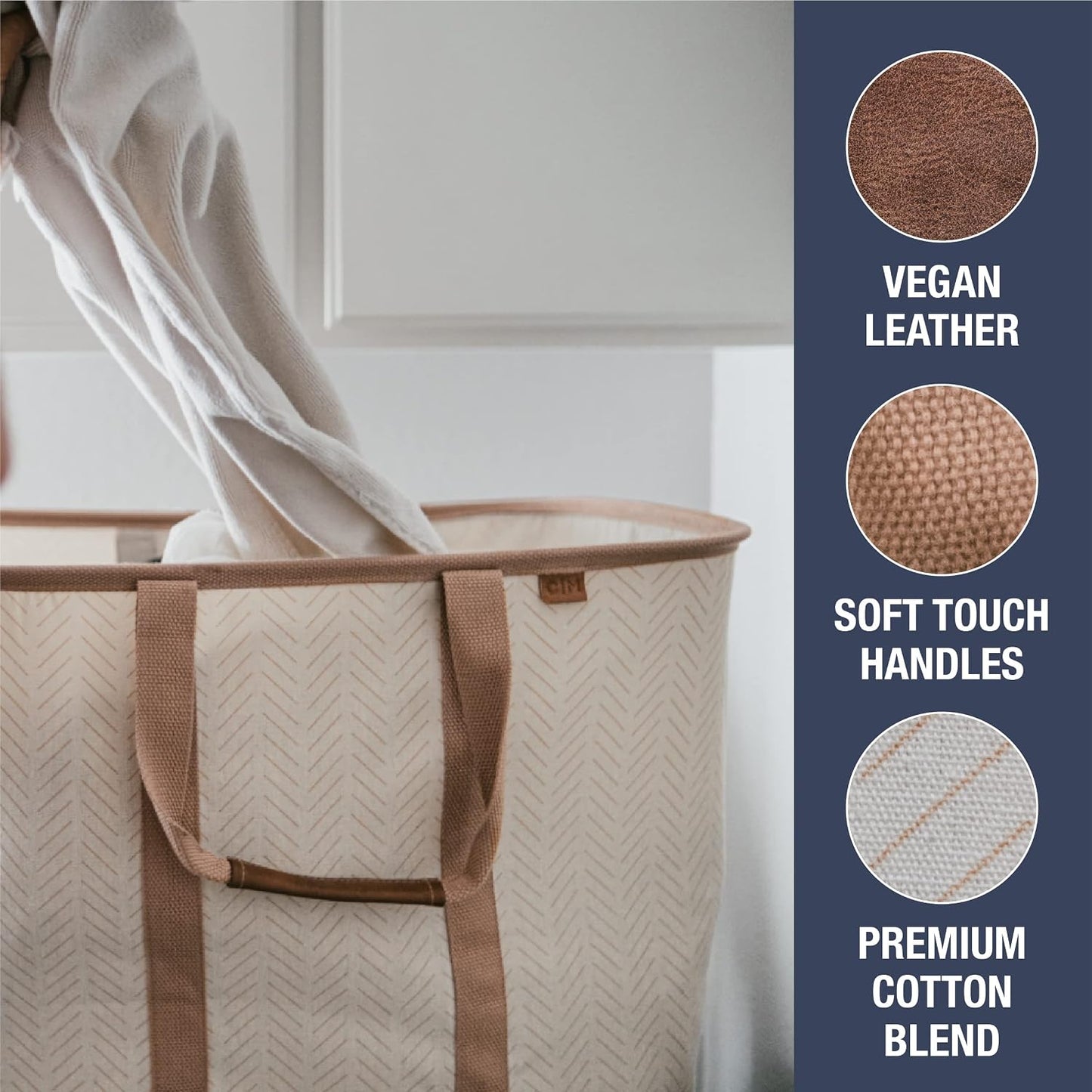 CleverMade Collapsible Laundry Tote LUXE, 50L Carry-All Tote, 2 Pack, Mocha | Bring a Polished Look to Laundry Day | Cotton-Blend Fabric and Vegan Leather Pair with Long Handles and 55 lb Support